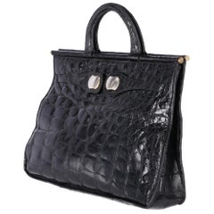 1970s Guido Borelli Black Crocodile Skin Bag