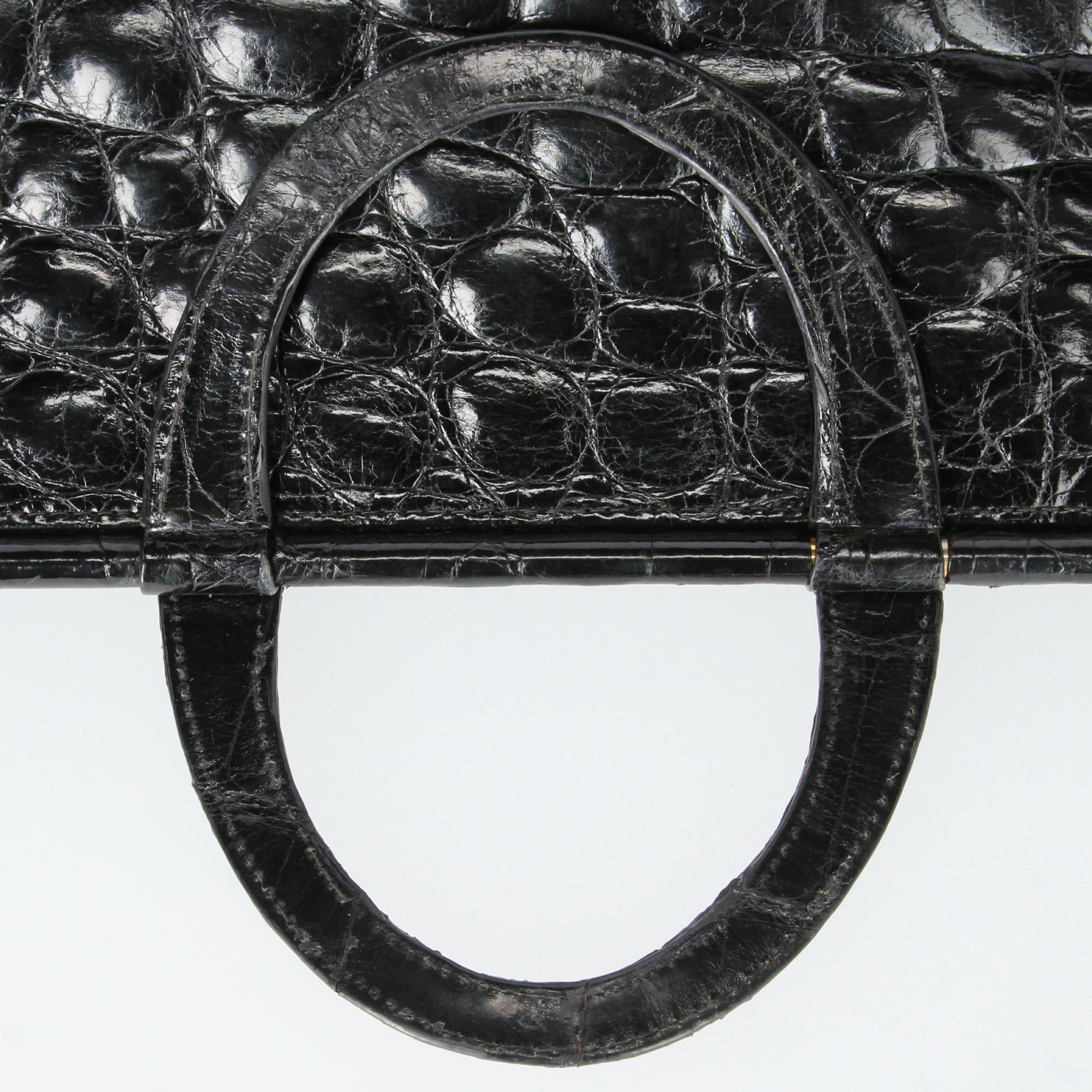 Women's or Men's 1970s Guido Borelli Black Crocodile Skin Bag