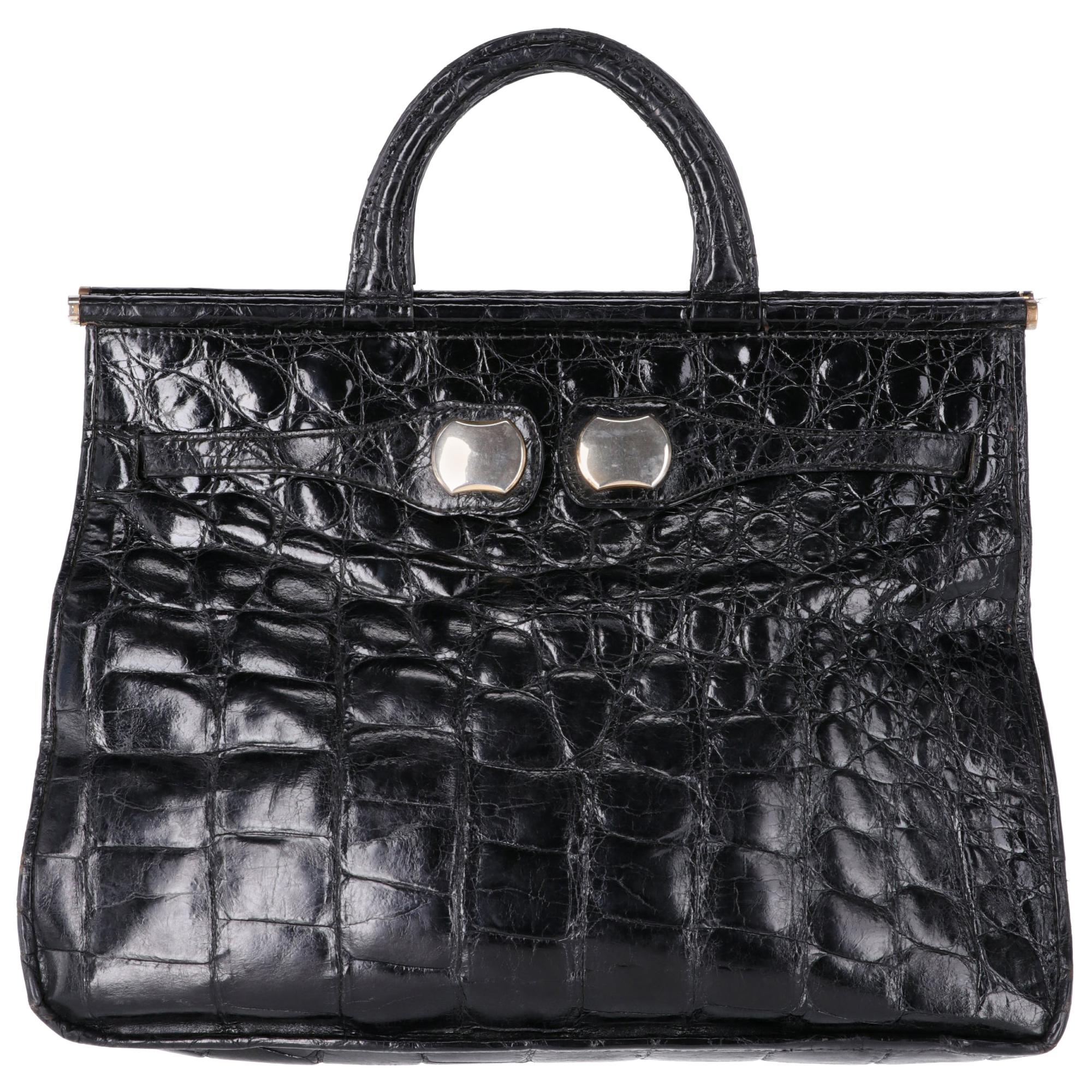 1970s Guido Borelli Black Crocodile Skin Bag