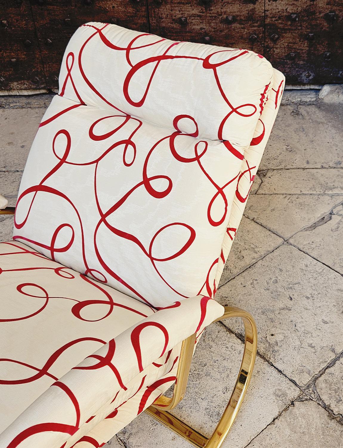 Italian 1970s Guido Faleschini Brass Rocking Chair in Dedar Fabric For Sale