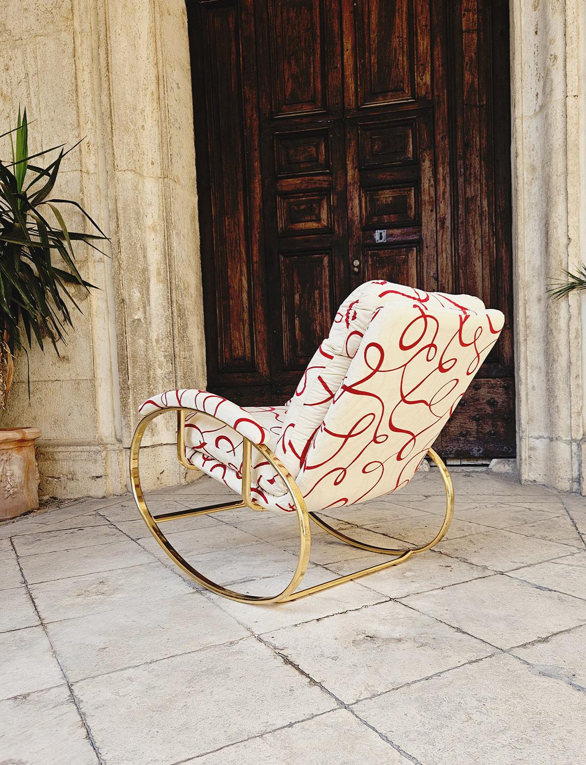 1970s Guido Faleschini Brass Rocking Chair in Dedar Fabric For Sale 2