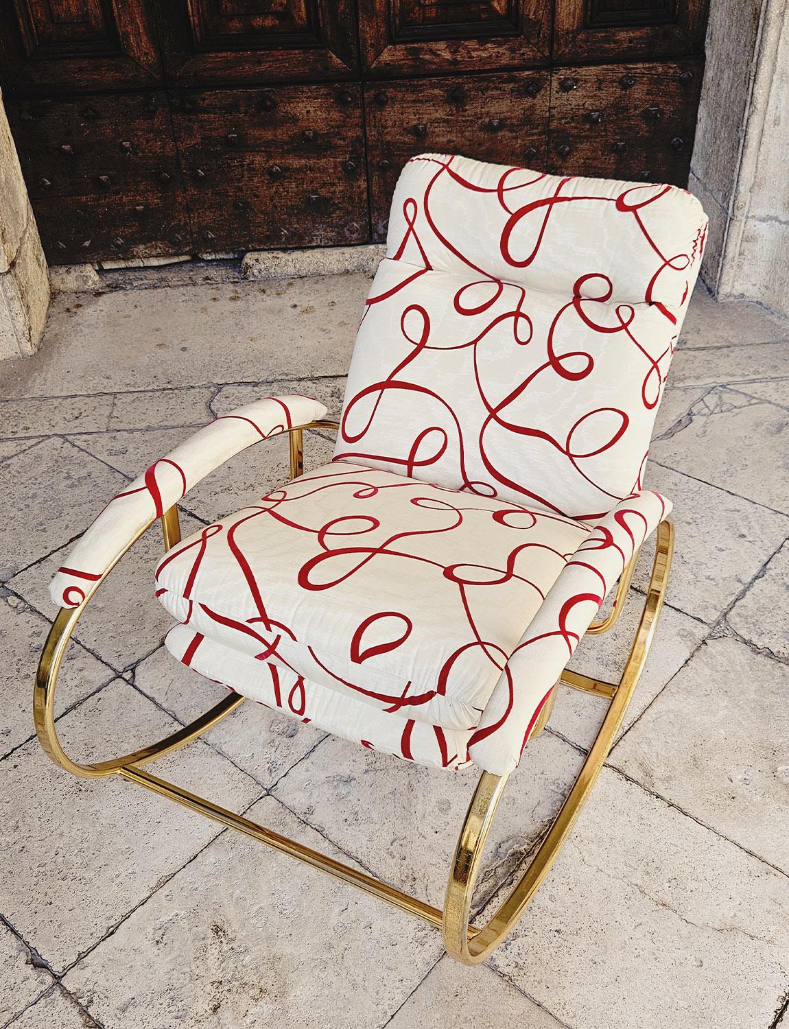 1970s Guido Faleschini Brass Rocking Chair in Dedar Fabric For Sale 3