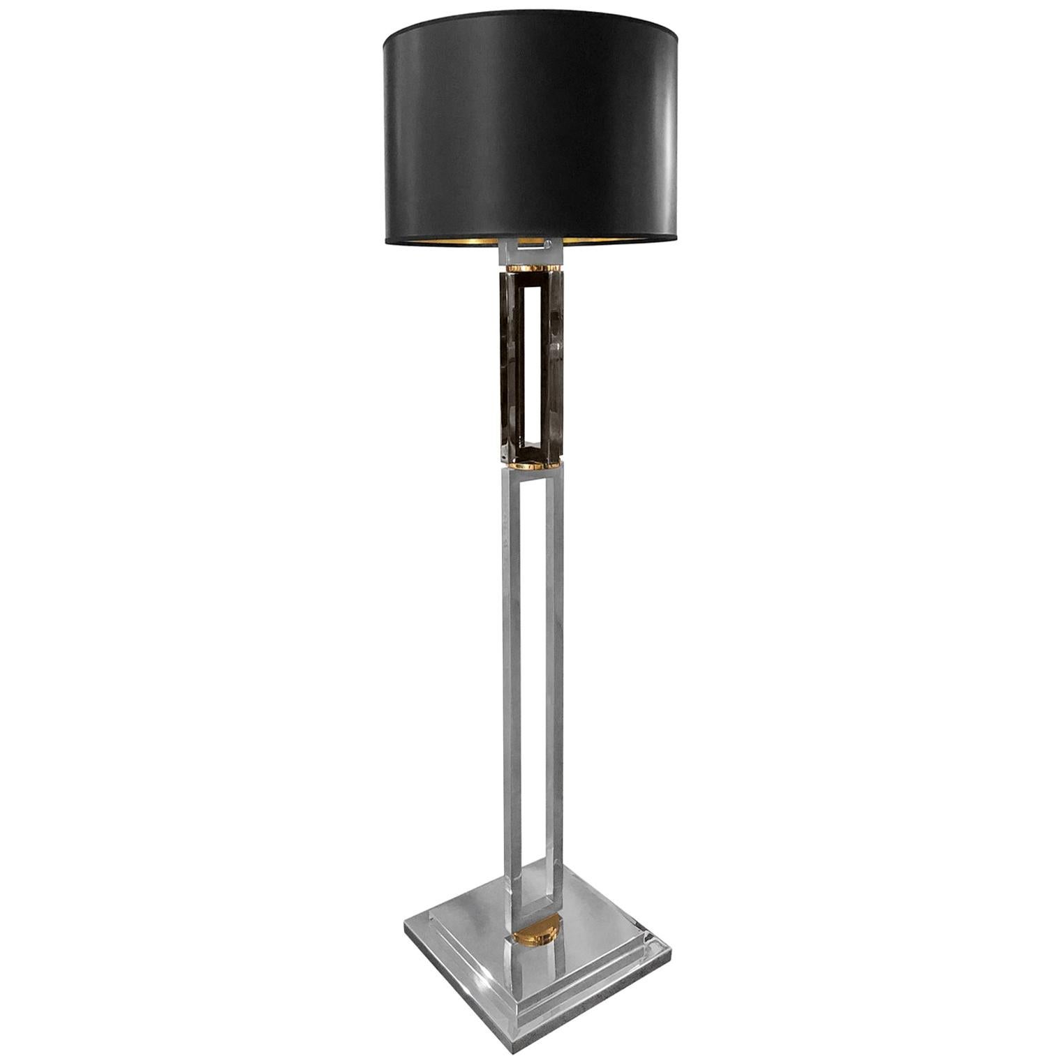 1970s Gunmetal and Chrome Double Column Floor Lamp with Brass Detail For Sale