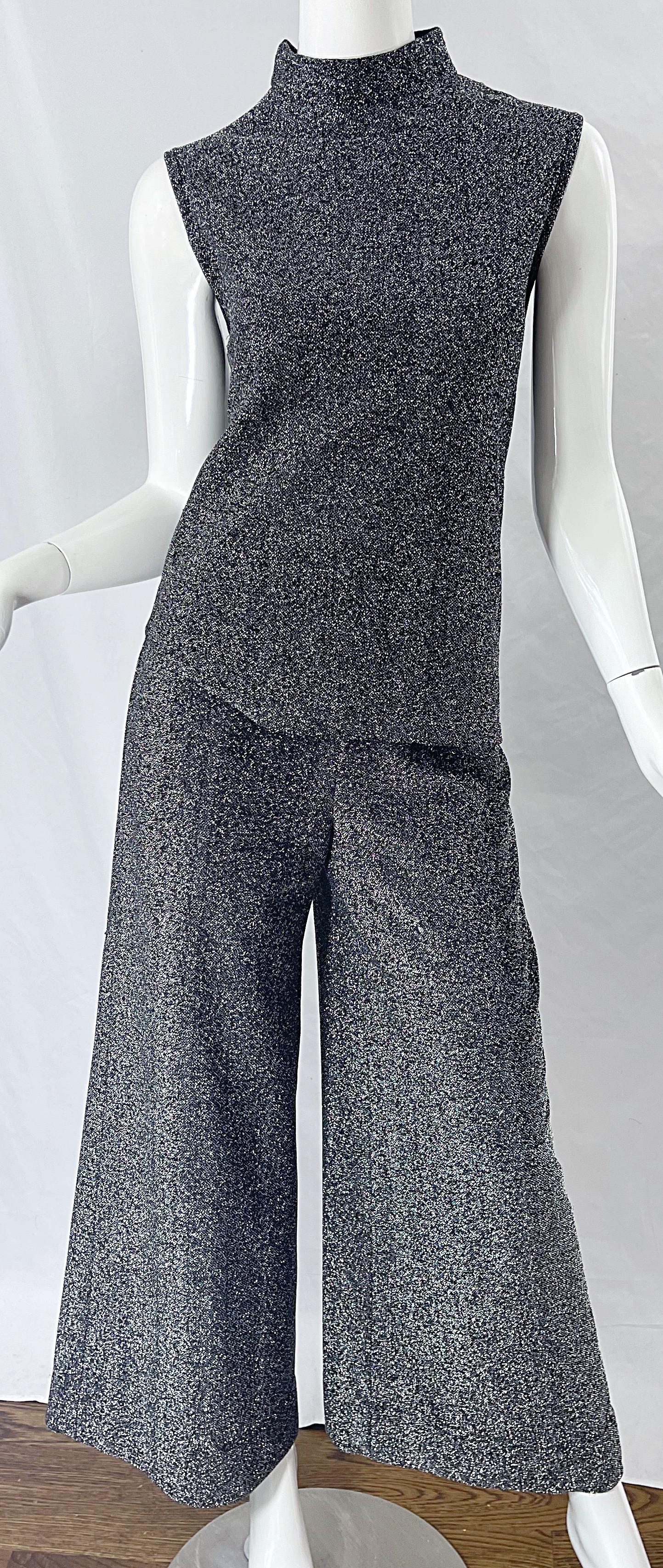 Top métallisé en lurex gris métal des années 1970 + Ensemble de pantalons Palazzo à jambes larges en vente 6