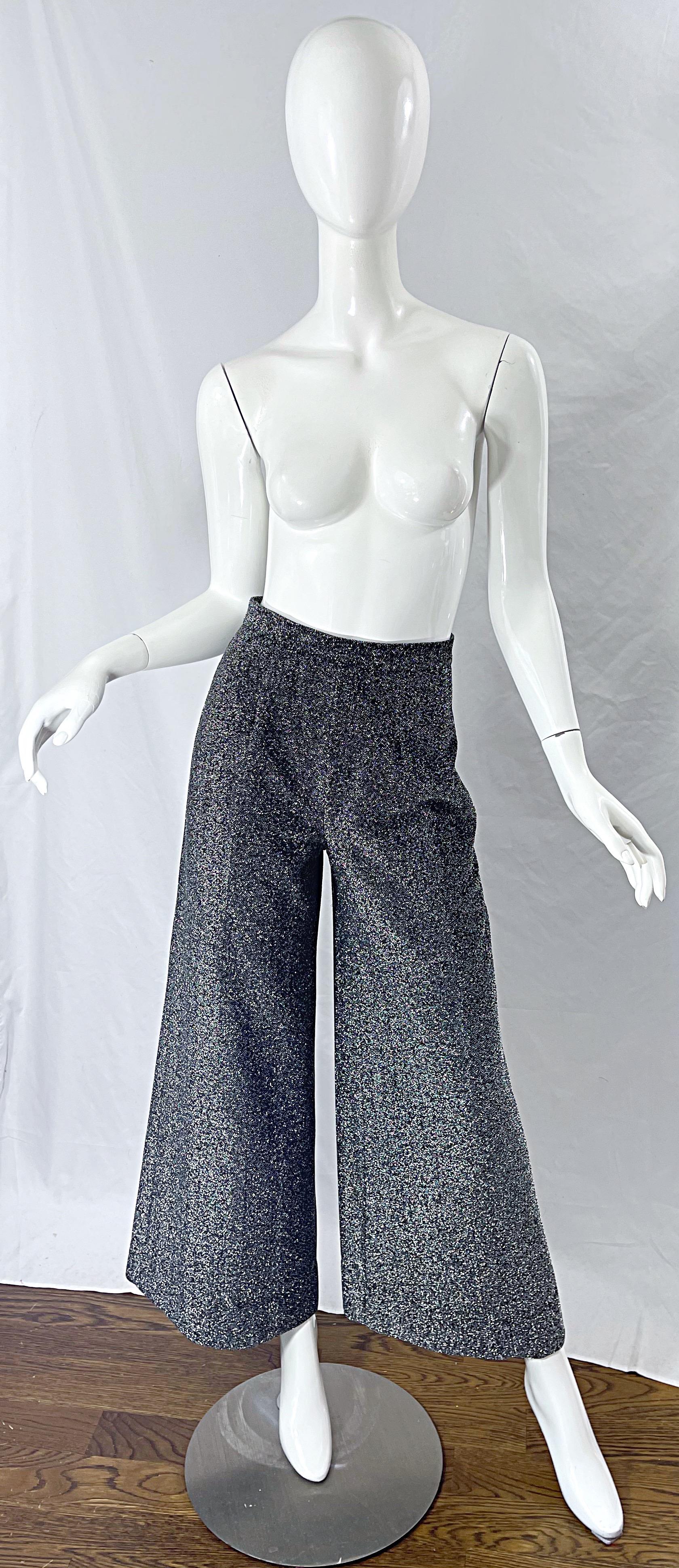 Top métallisé en lurex gris métal des années 1970 + Ensemble de pantalons Palazzo à jambes larges en vente 7