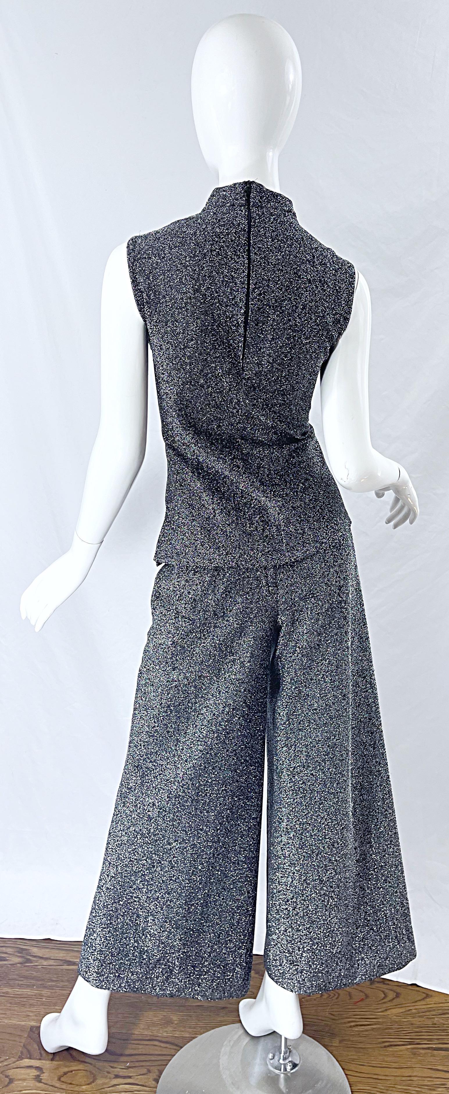 1970s Gunmetal Lurex Metallic Top + Wide Leg Bellbottoms Palazzo Pants Ensemble For Sale 5