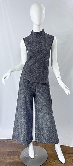 1970s Gunmetal Lurex Metallic Top + Wide Leg Bellbottoms Palazzo Pants Ensemble