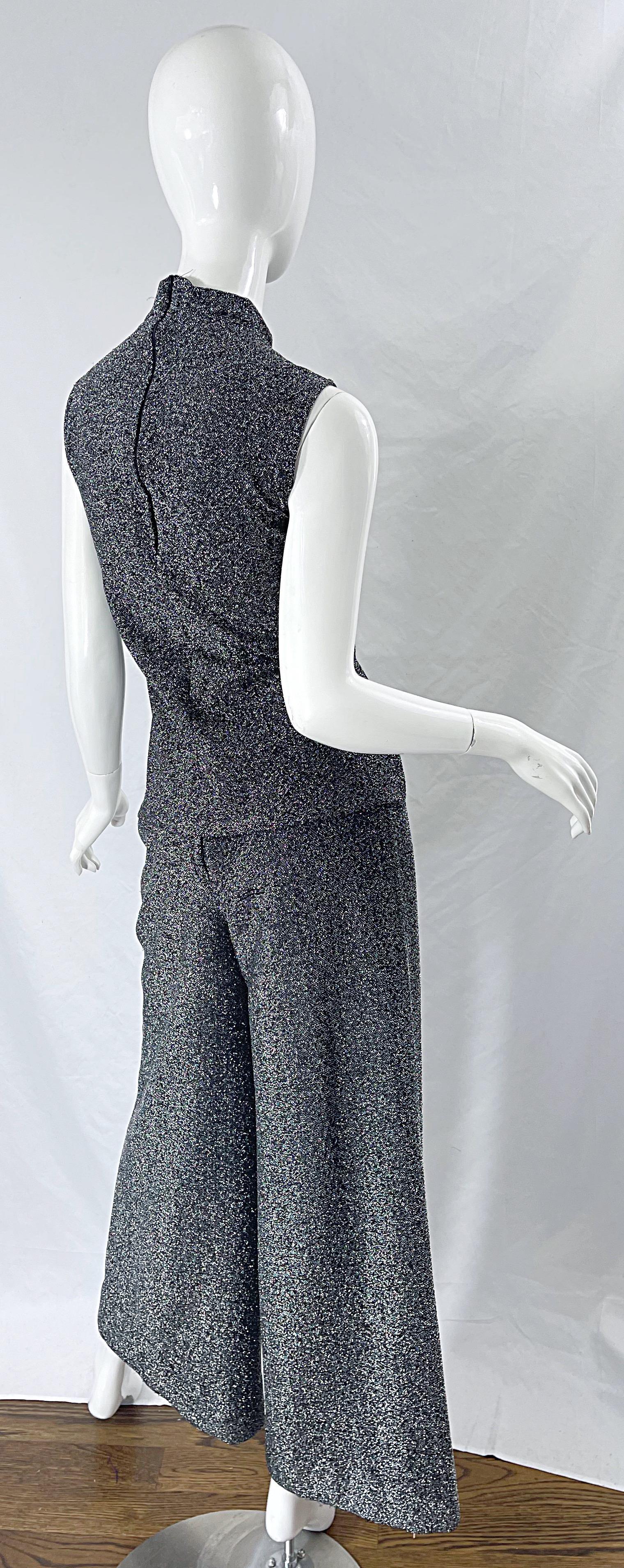Gris Top métallisé en lurex gris métal des années 1970 + Ensemble de pantalons Palazzo à jambes larges en vente