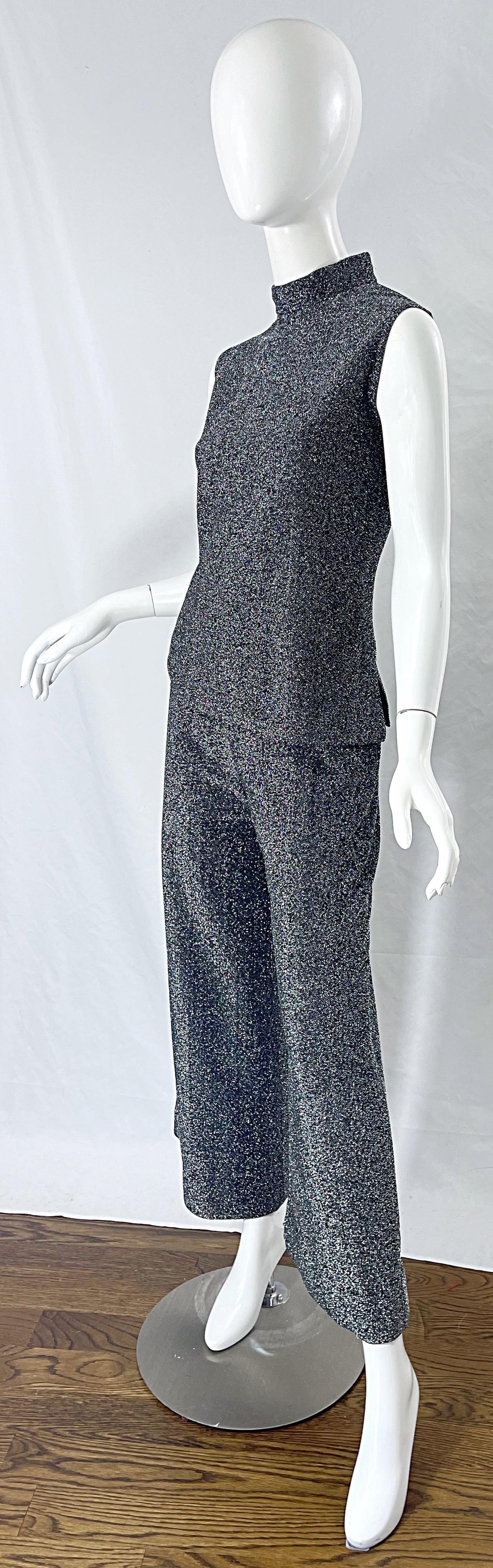 Top métallisé en lurex gris métal des années 1970 + Ensemble de pantalons Palazzo à jambes larges Excellent état - En vente à San Diego, CA