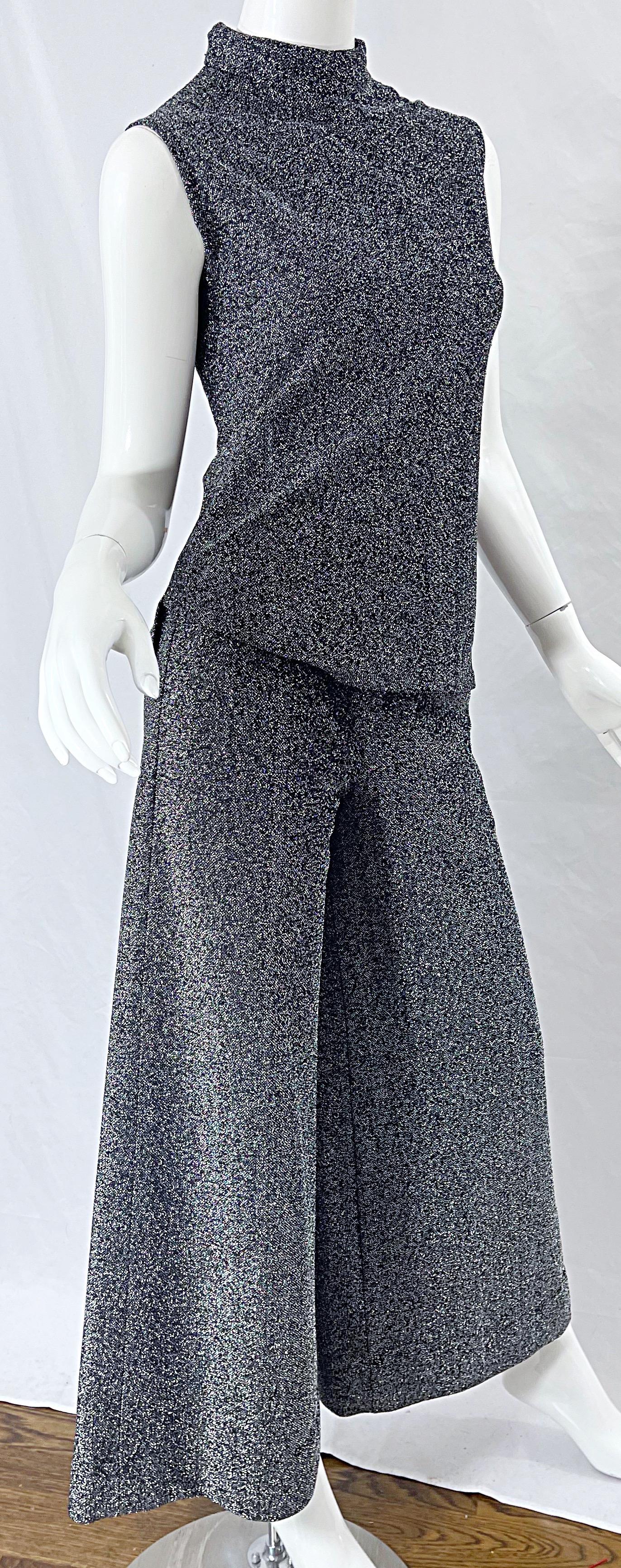 Top métallisé en lurex gris métal des années 1970 + Ensemble de pantalons Palazzo à jambes larges Pour femmes en vente