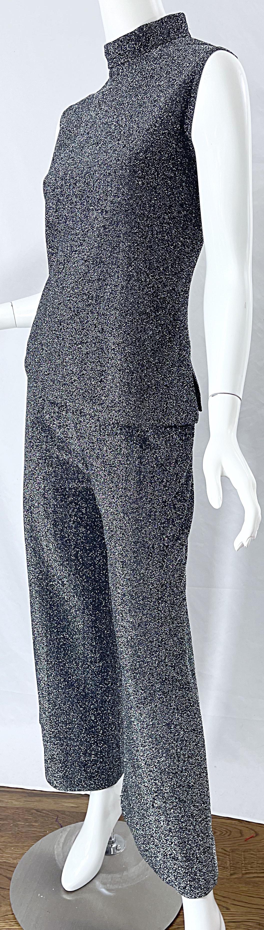 1970s Gunmetal Lurex Metallic Top + Wide Leg Bellbottoms Palazzo Pants Ensemble For Sale 1