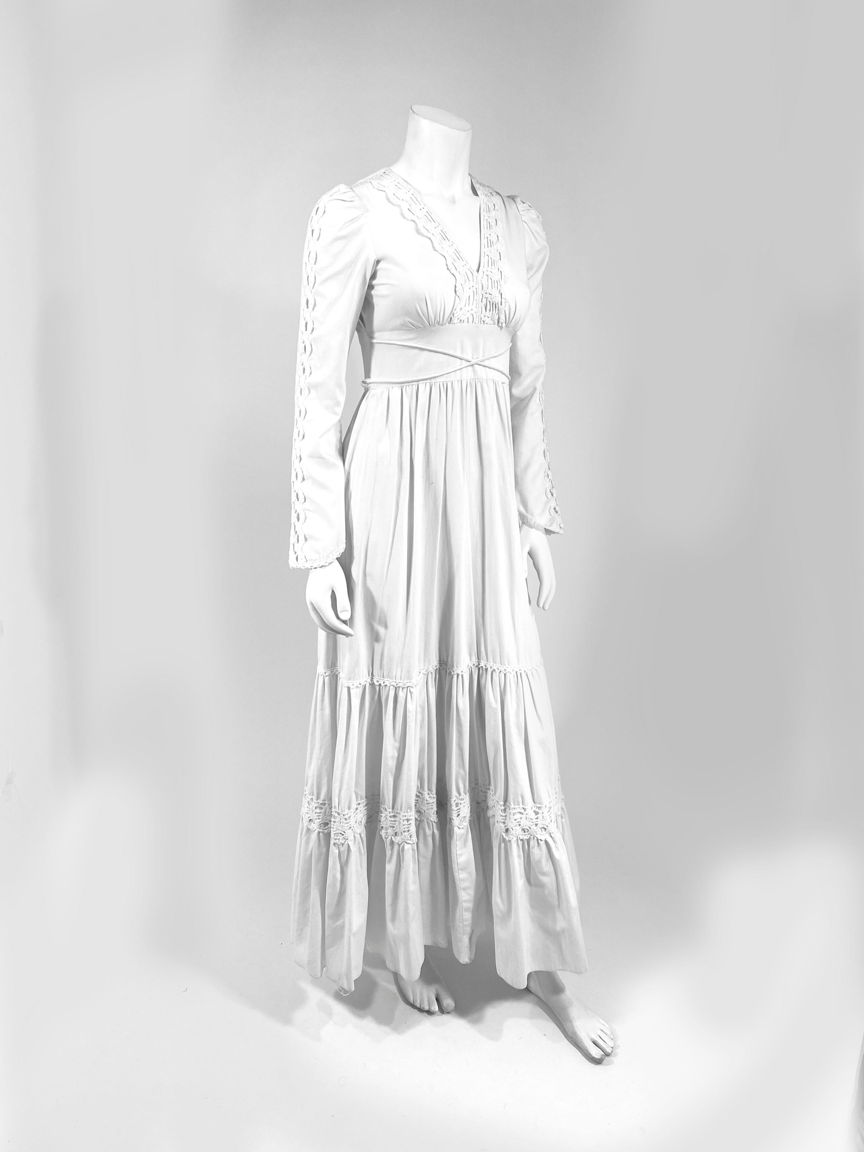 Gray 1970s Gunne Sax Cotton Dress with Crochet Trim