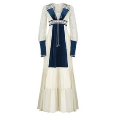 Vintage 1970s Gunne Sax Cotton Lace and Teal Velvet Dress