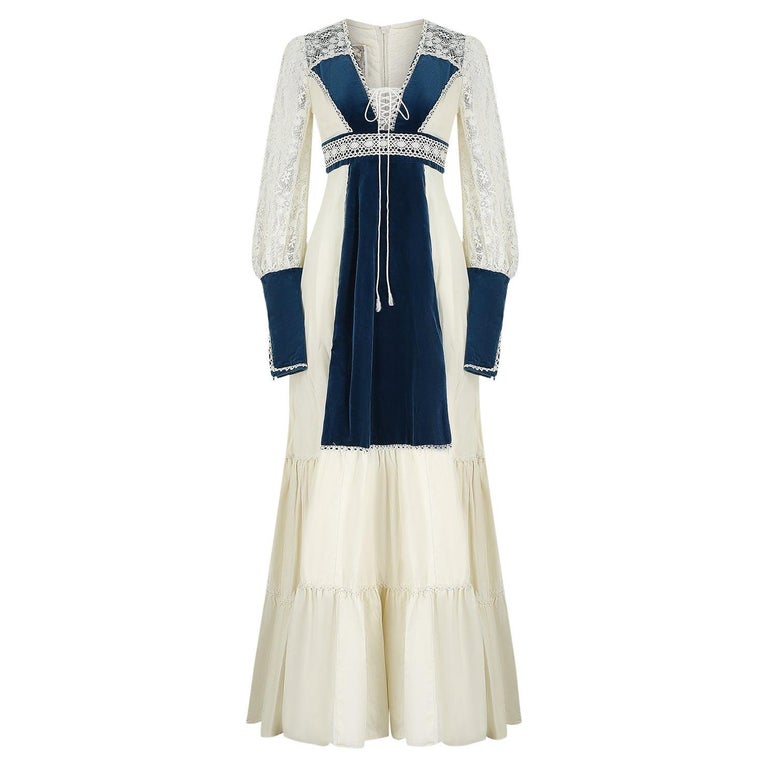 1970s Gunne Sax Cotton Lace and Teal Velvet Dress at 1stDibs