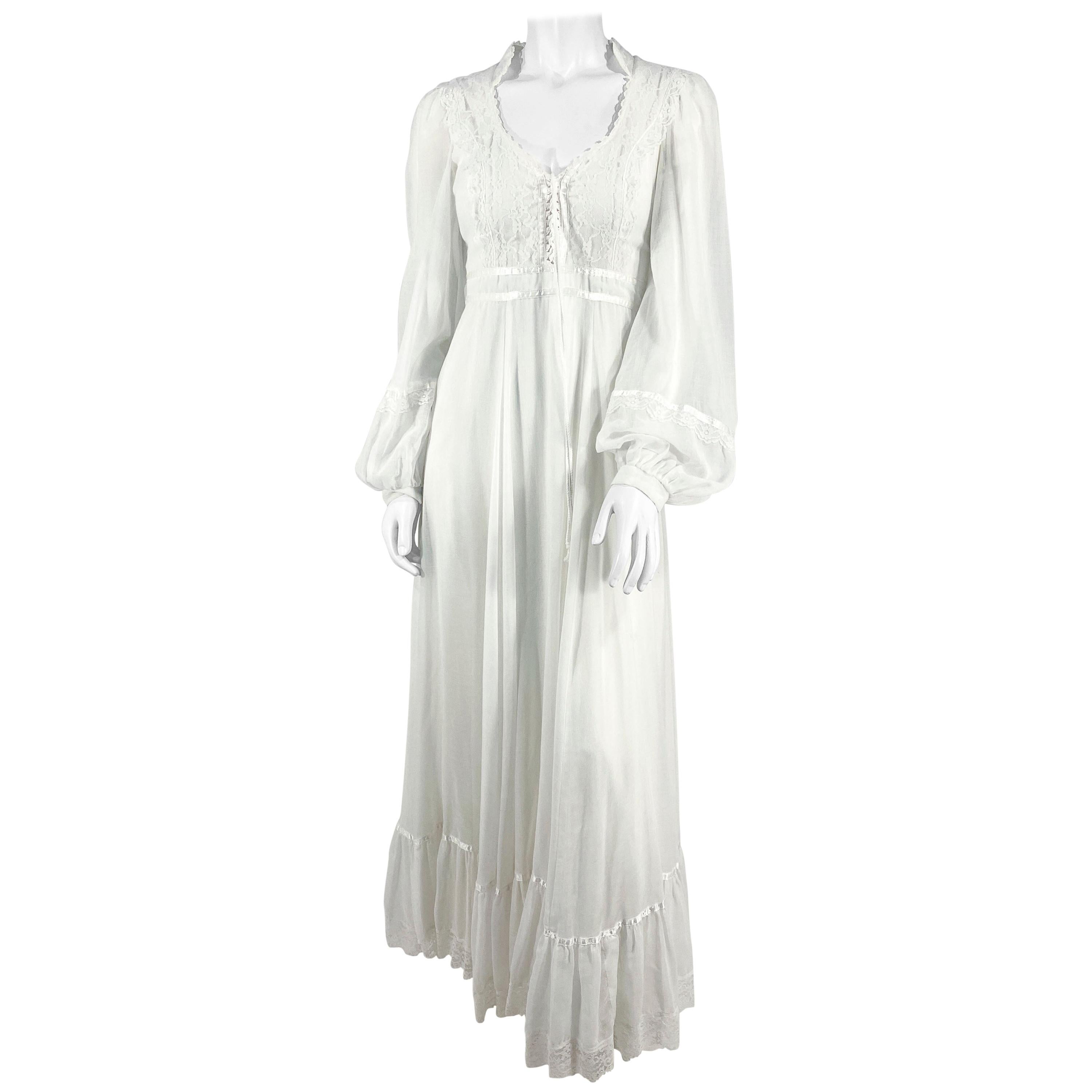 1970s Gunne Sax White Cotton Cottage Dress