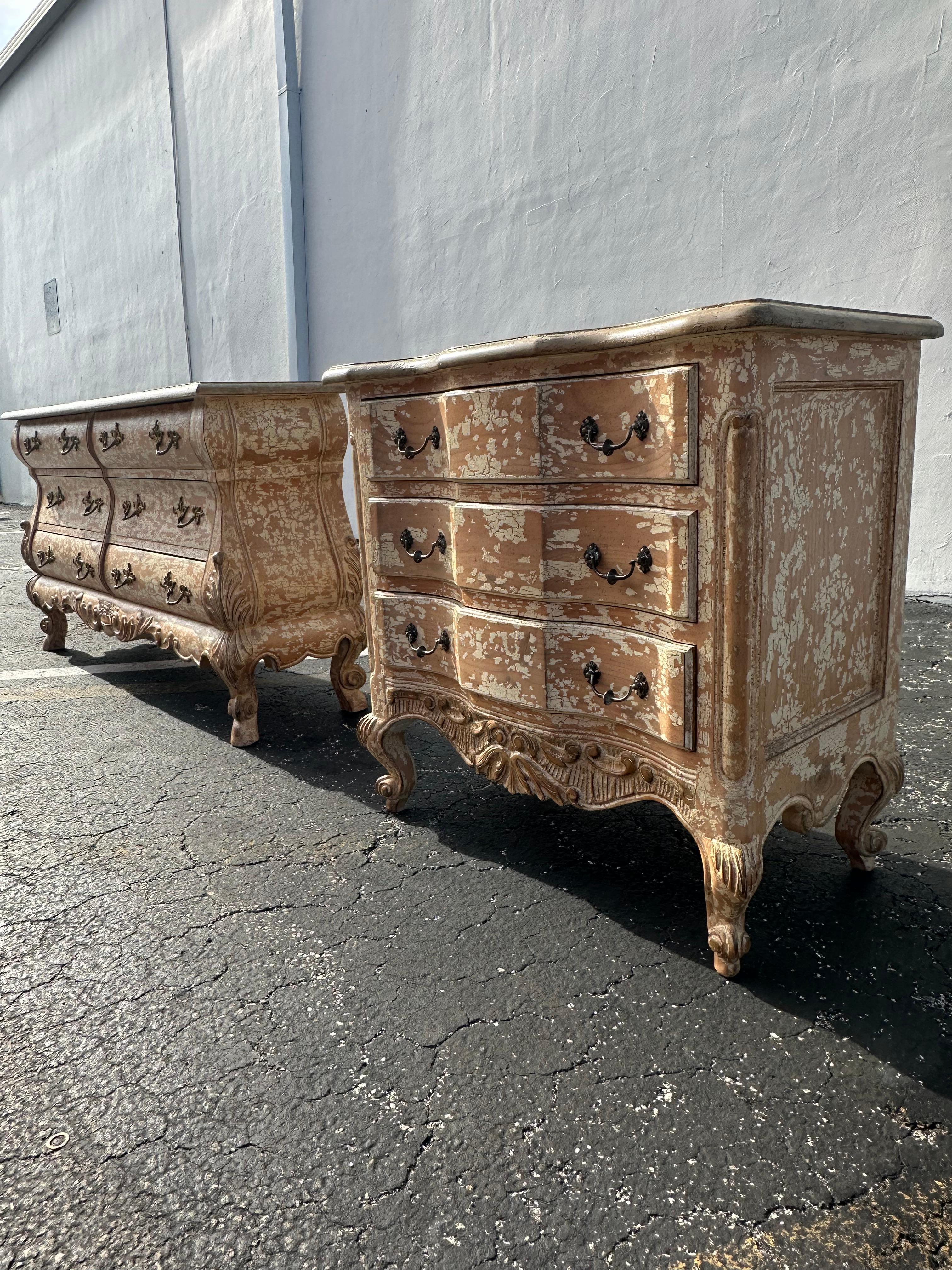 Late 20th Century 1970s Gustavian Style Spanish Rustic Distressed Vintage Dresser Chests, Set of 2 For Sale