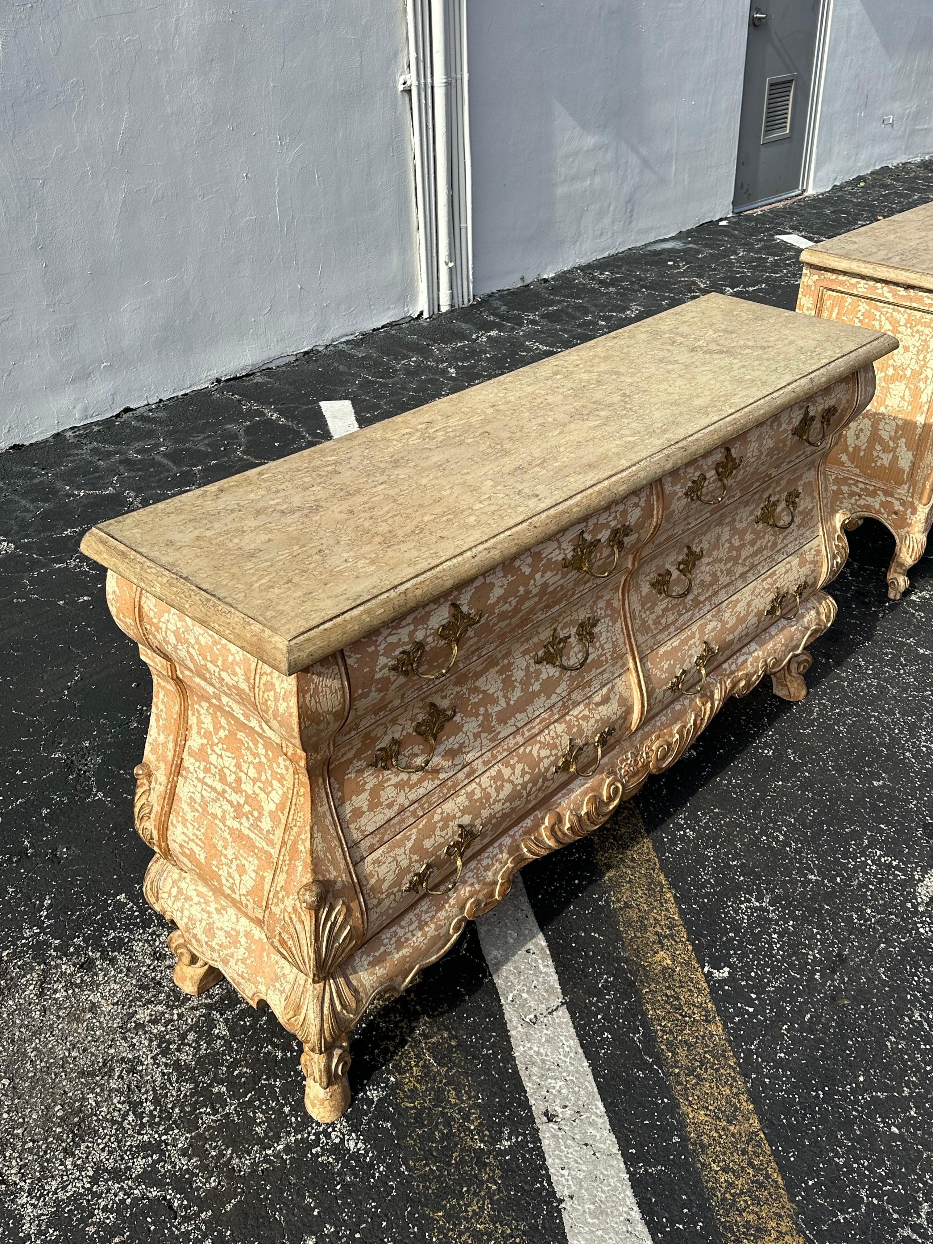 Brass 1970s Gustavian Style Spanish Rustic Distressed Vintage Dresser Chests, Set of 2 For Sale