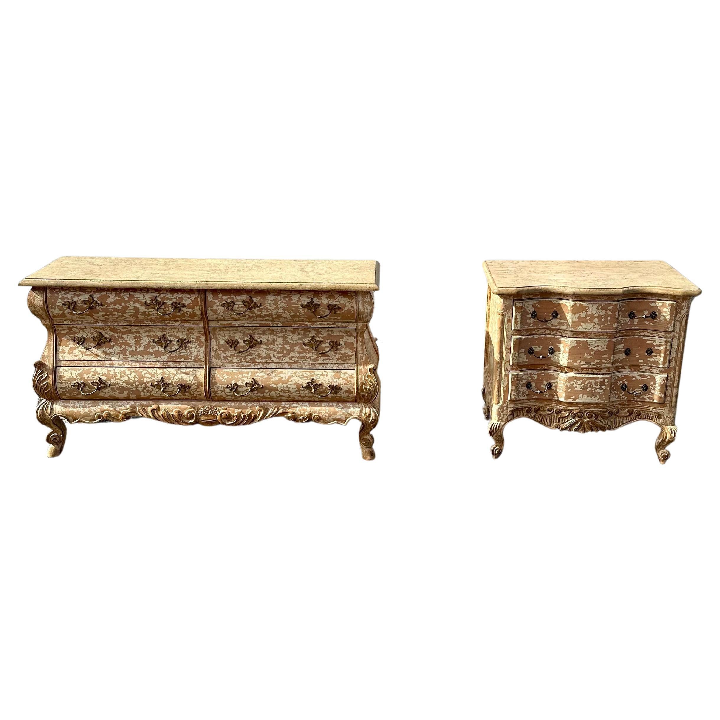 1970s Gustavian Style Spanish Rustic Distressed Vintage Dresser Chests, Set of 2