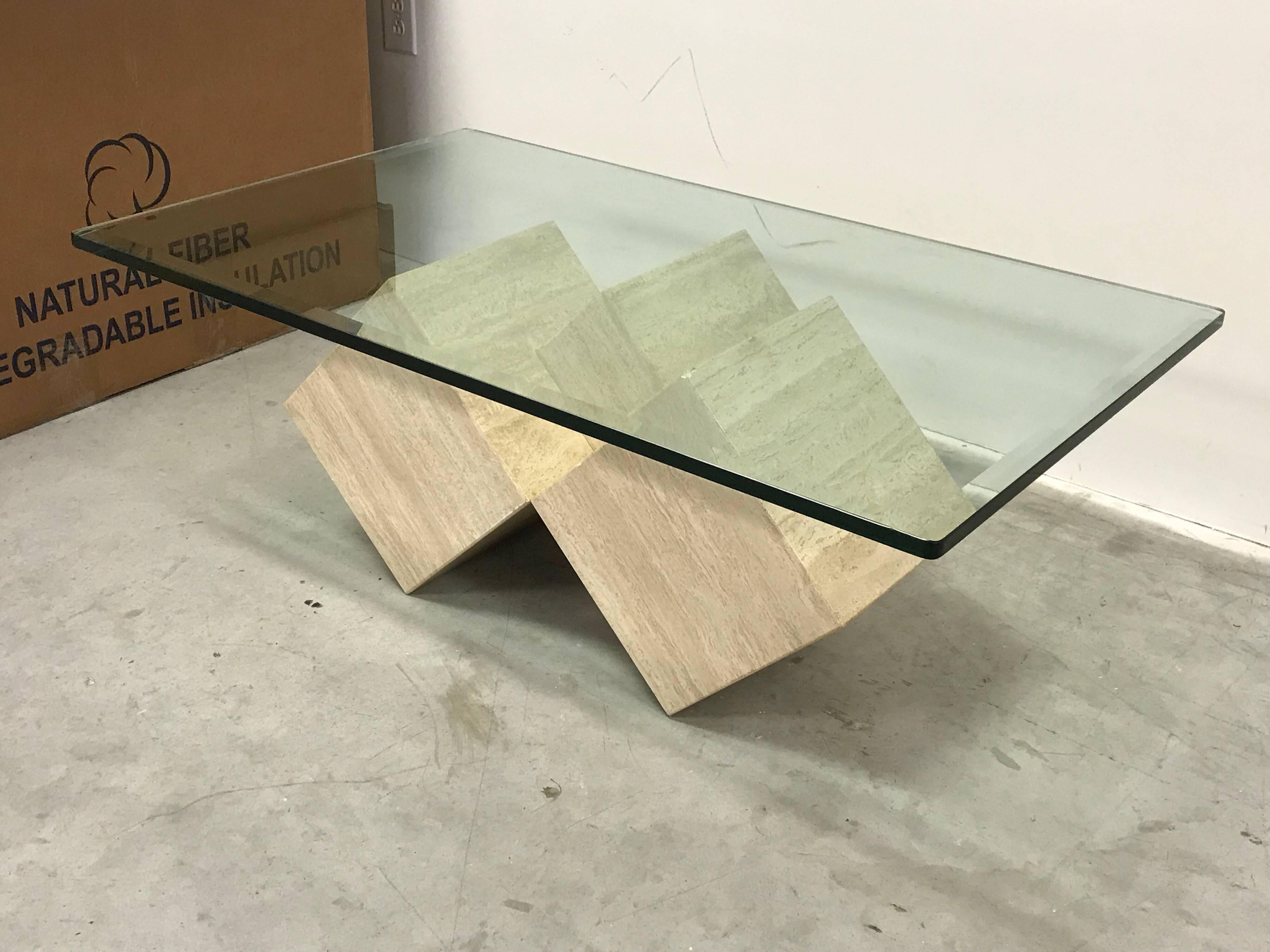 Modern 1970s Guy Barker for Ello Travertine Cube Coffee Table with Glass Top