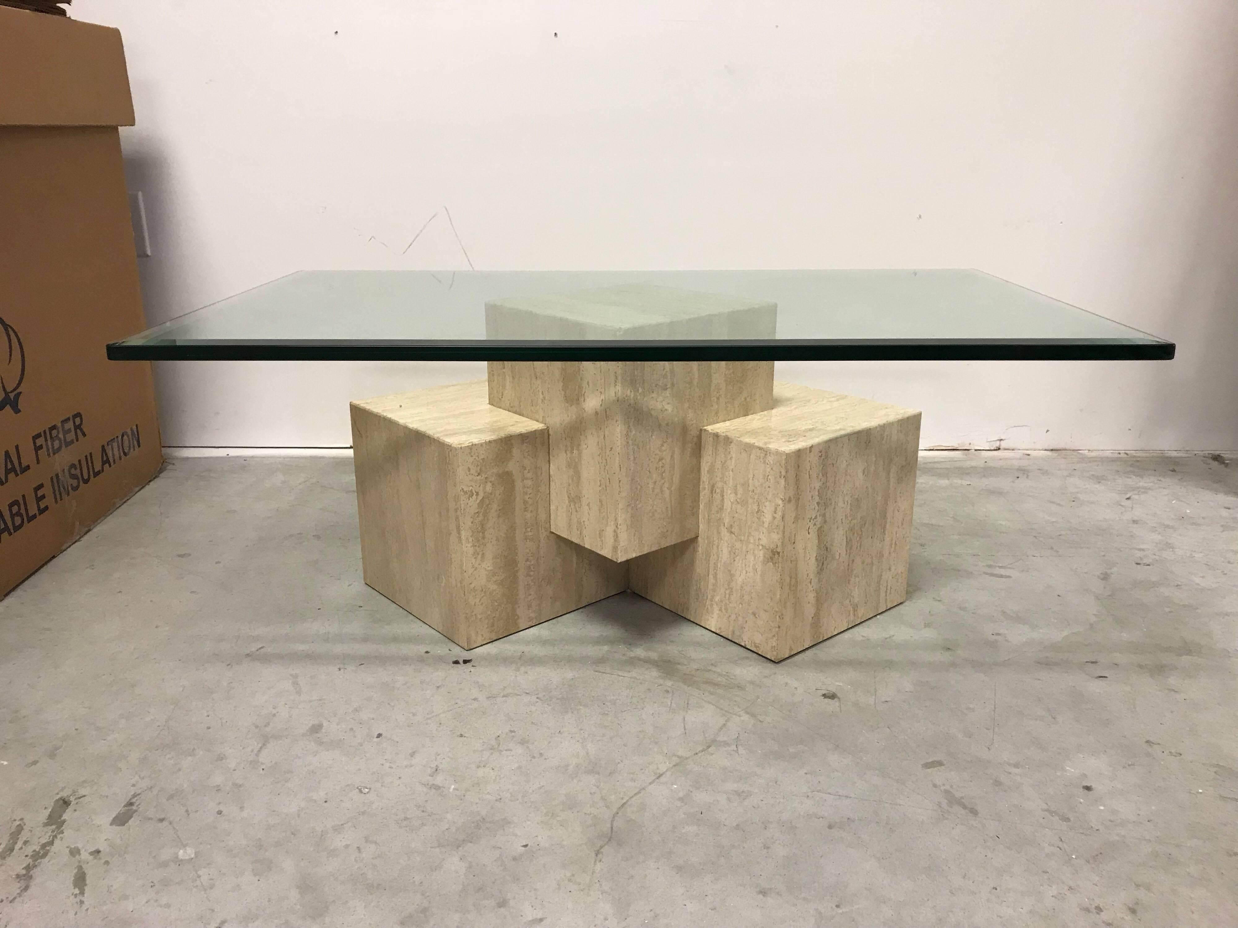 1970s Guy Barker for Ello Travertine Cube Coffee Table with Glass Top In Excellent Condition In Richmond, VA