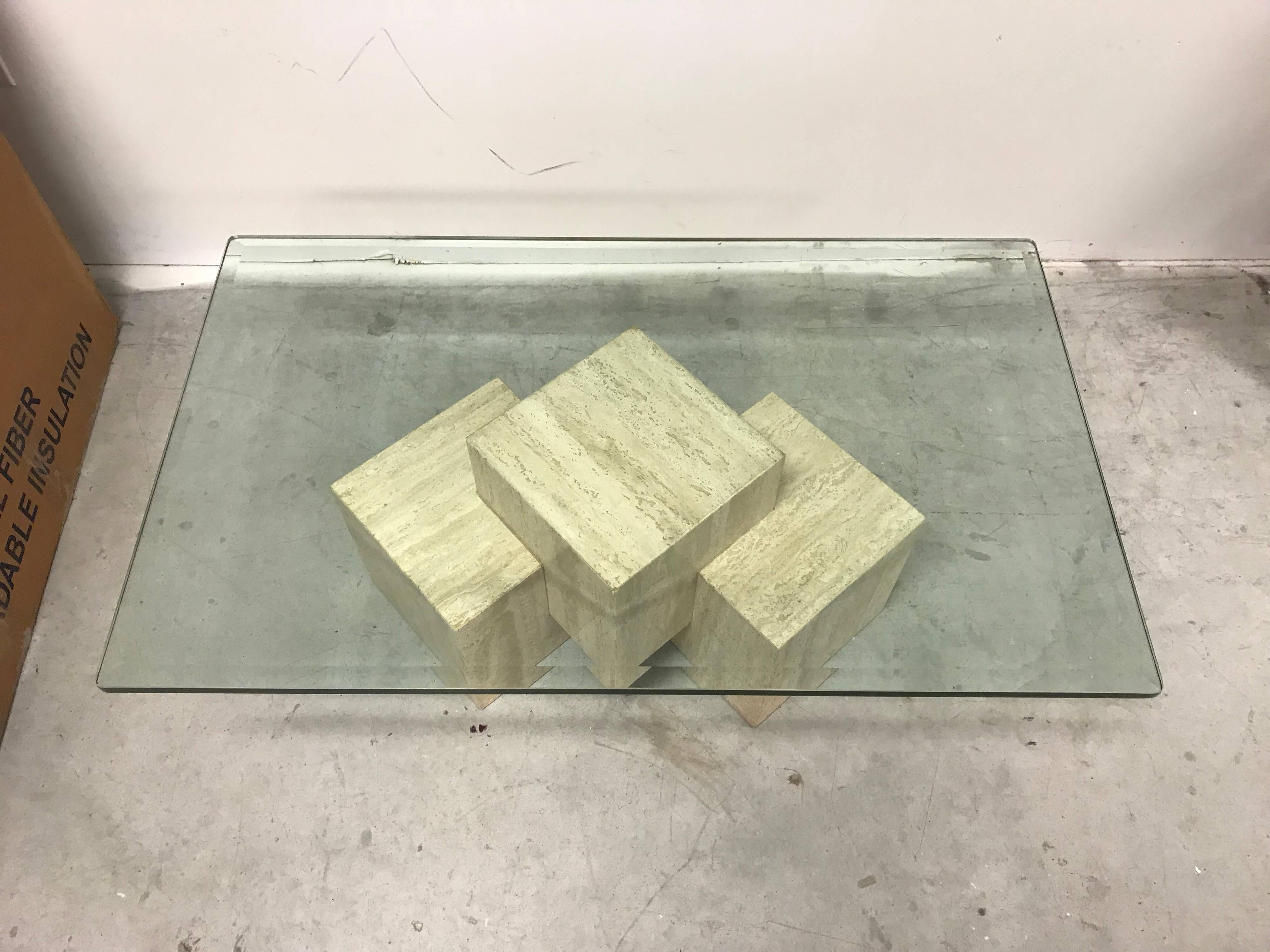20th Century 1970s Guy Barker for Ello Travertine Cube Coffee Table with Glass Top