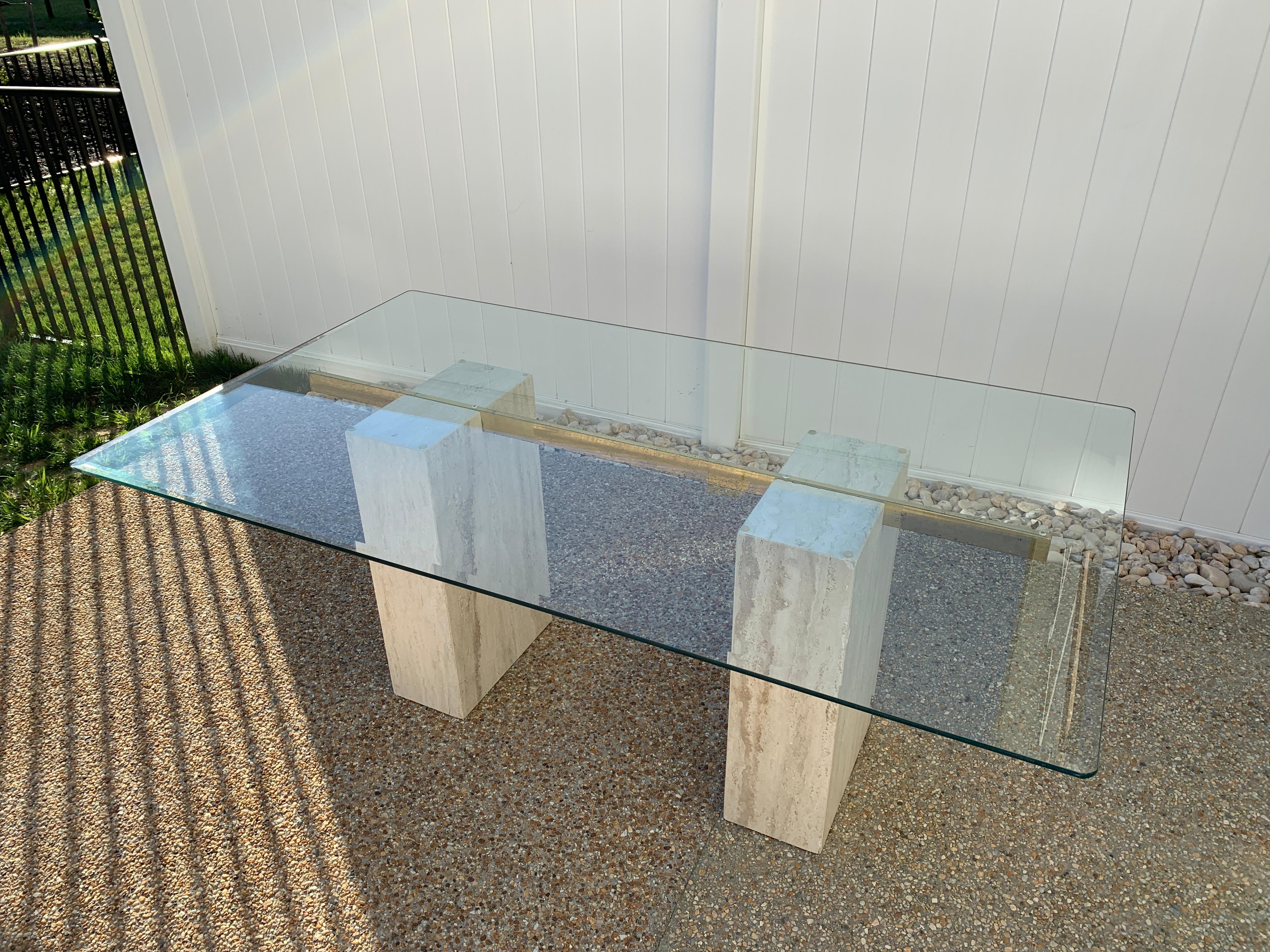 Modern 1970s Guy Barker for Ello Travertine Dining Table with Glass Top