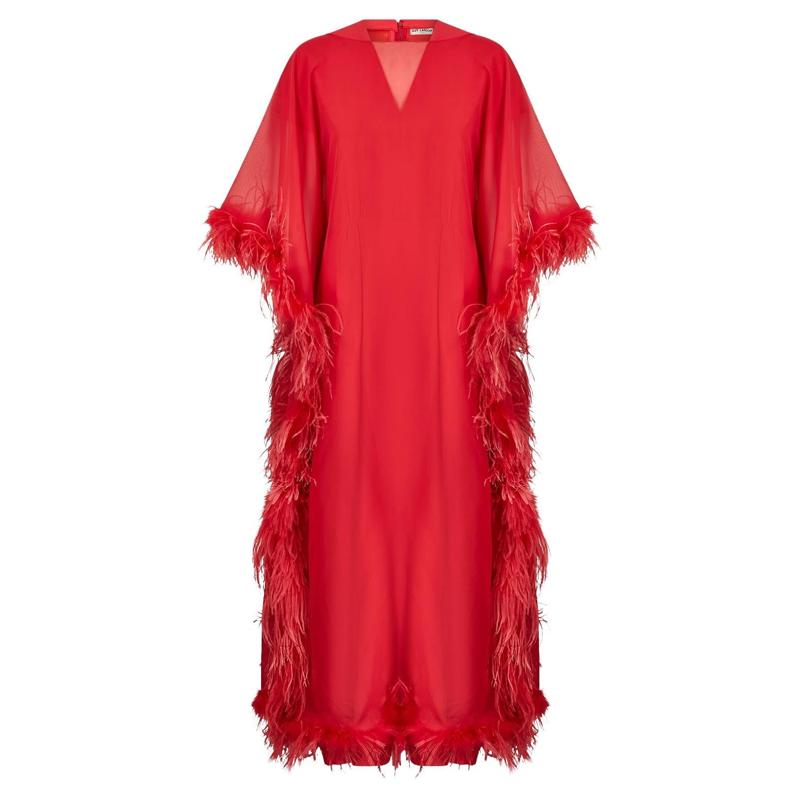 1970s Guy Laroche Couture Coral Red Feather Dress For Sale