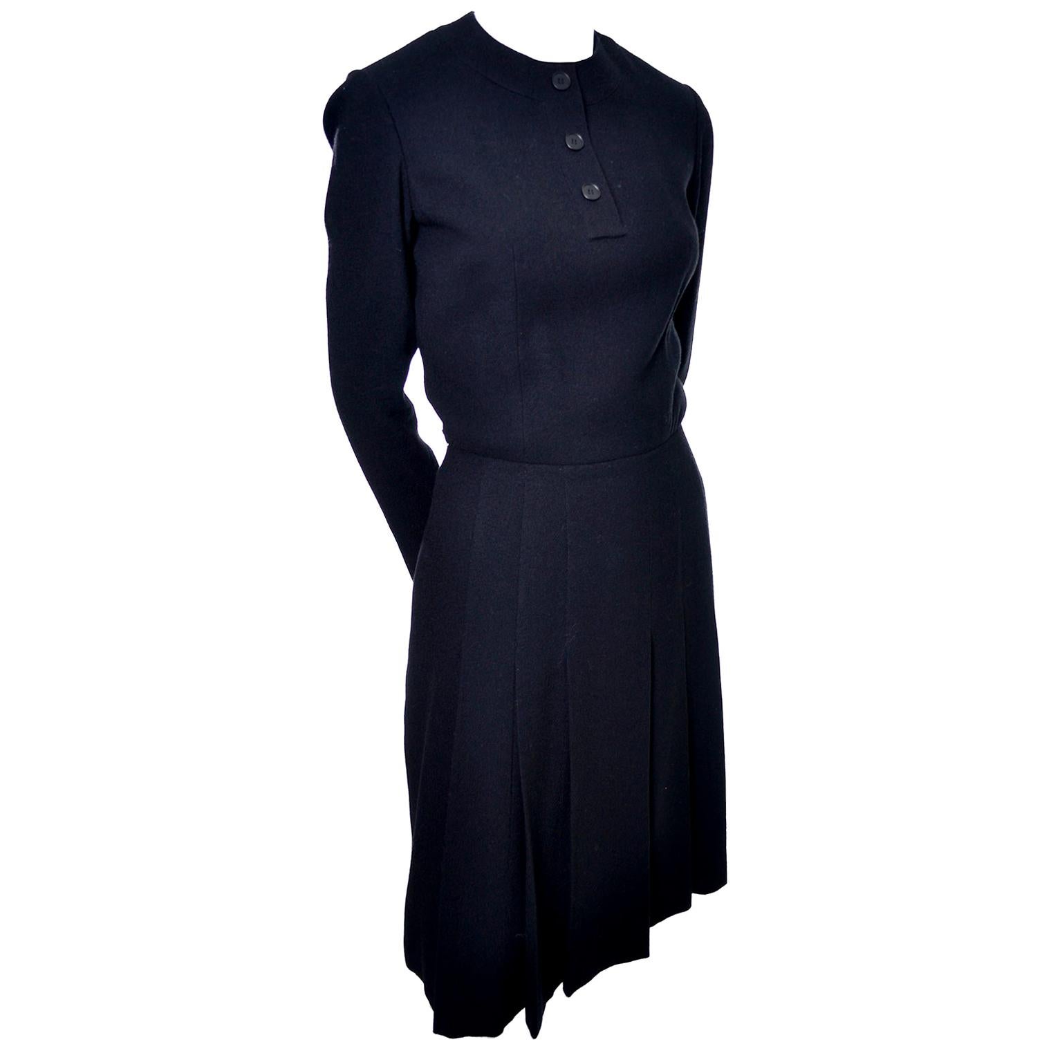 1970s Guy Laroche Pret A Porter France Vintage Black Wool Crepe Dress