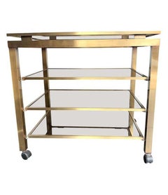 1970s Guy Lefevre Style Gilt Metal Bar Trolley with Four Smoke Glass Shelves