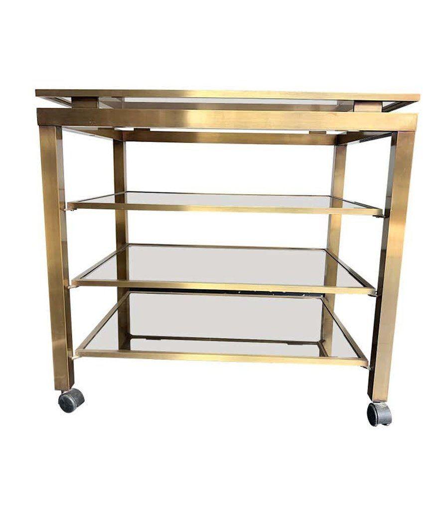 1970s Guy Lefevre Style Gilt Metal Bar Trolley with Four Smoke Glass Shelves In Good Condition In London, GB