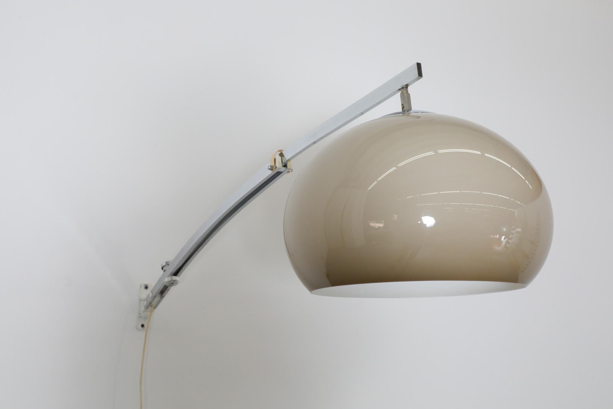 1970s Guzzini Chrome Wall Mounted Arc Lamp with Plexi Globe Shade and Dimmer For Sale 2