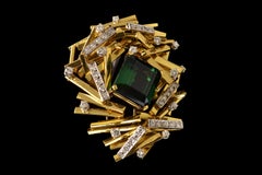 1970s H. Stern Modernist Diamond Tourmaline Gold and Platinum Brooch