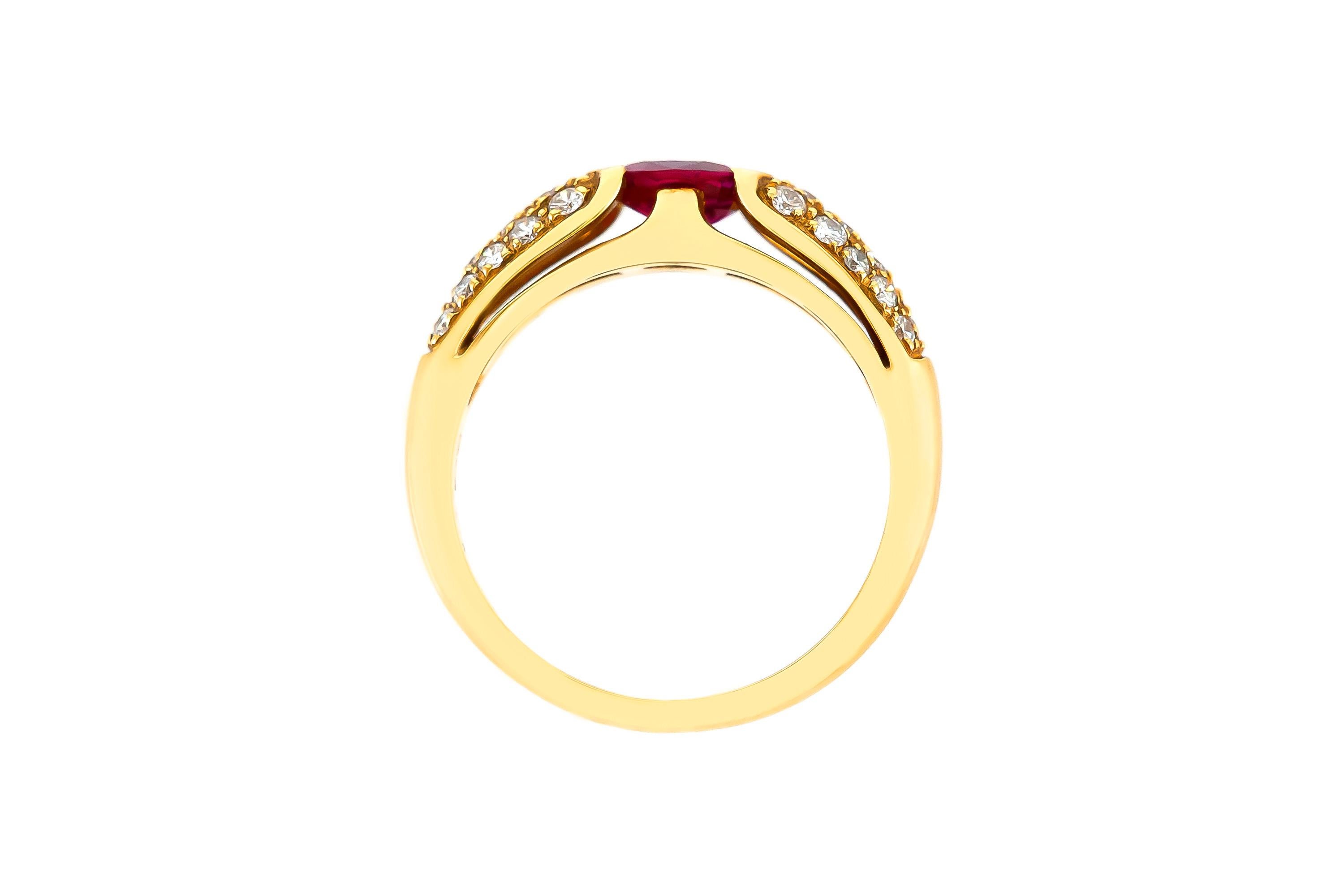 The ring is finely carfted in 18k yellow gold with center ruby weighing approximately total of 0.60 carat and diamonds weighing approximately total of 0.50 carat.
Circa 1970.