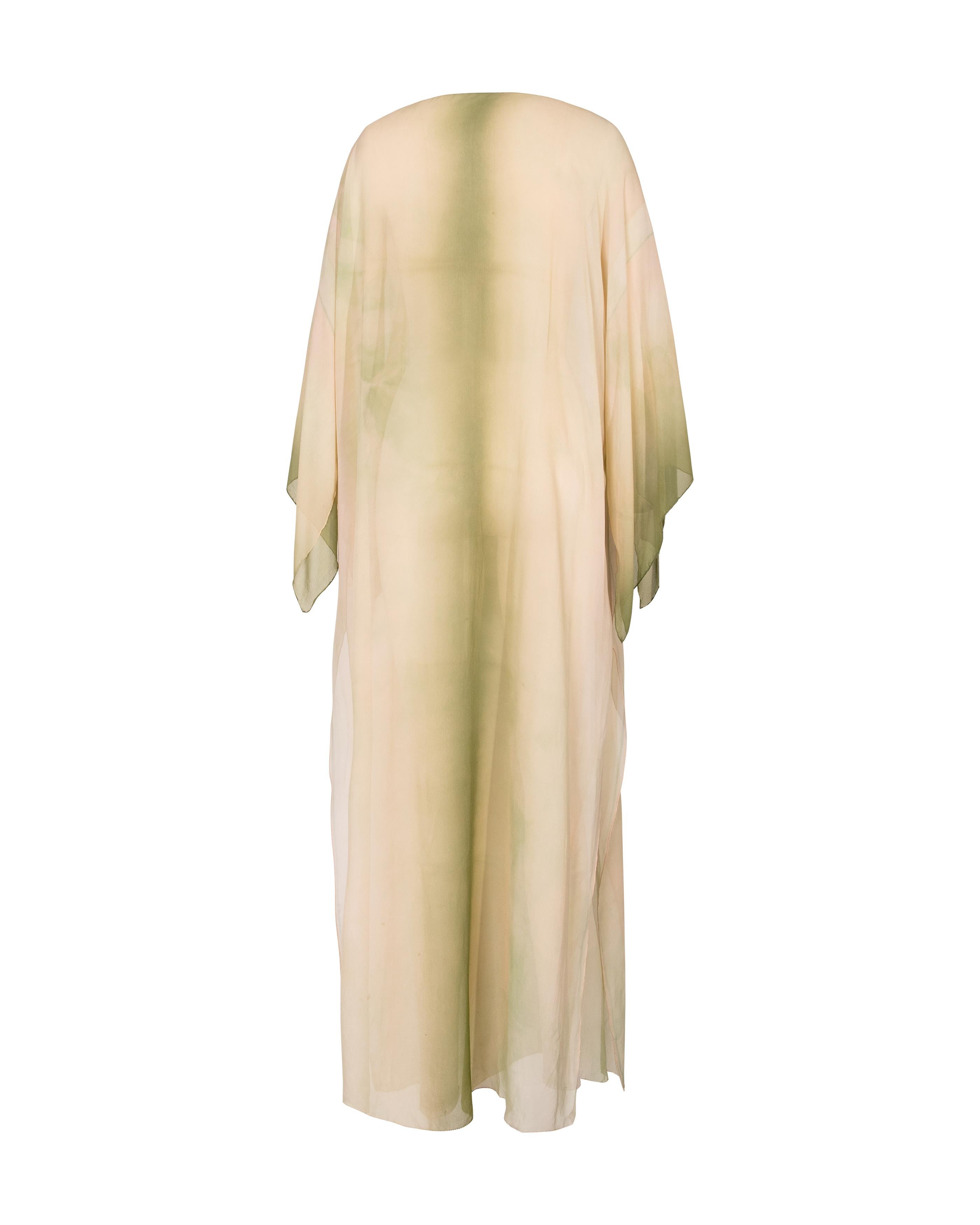 1970's Halston (Attributed) Olive Green and Peach Tie-Dye Caftan In Good Condition In North Hollywood, CA