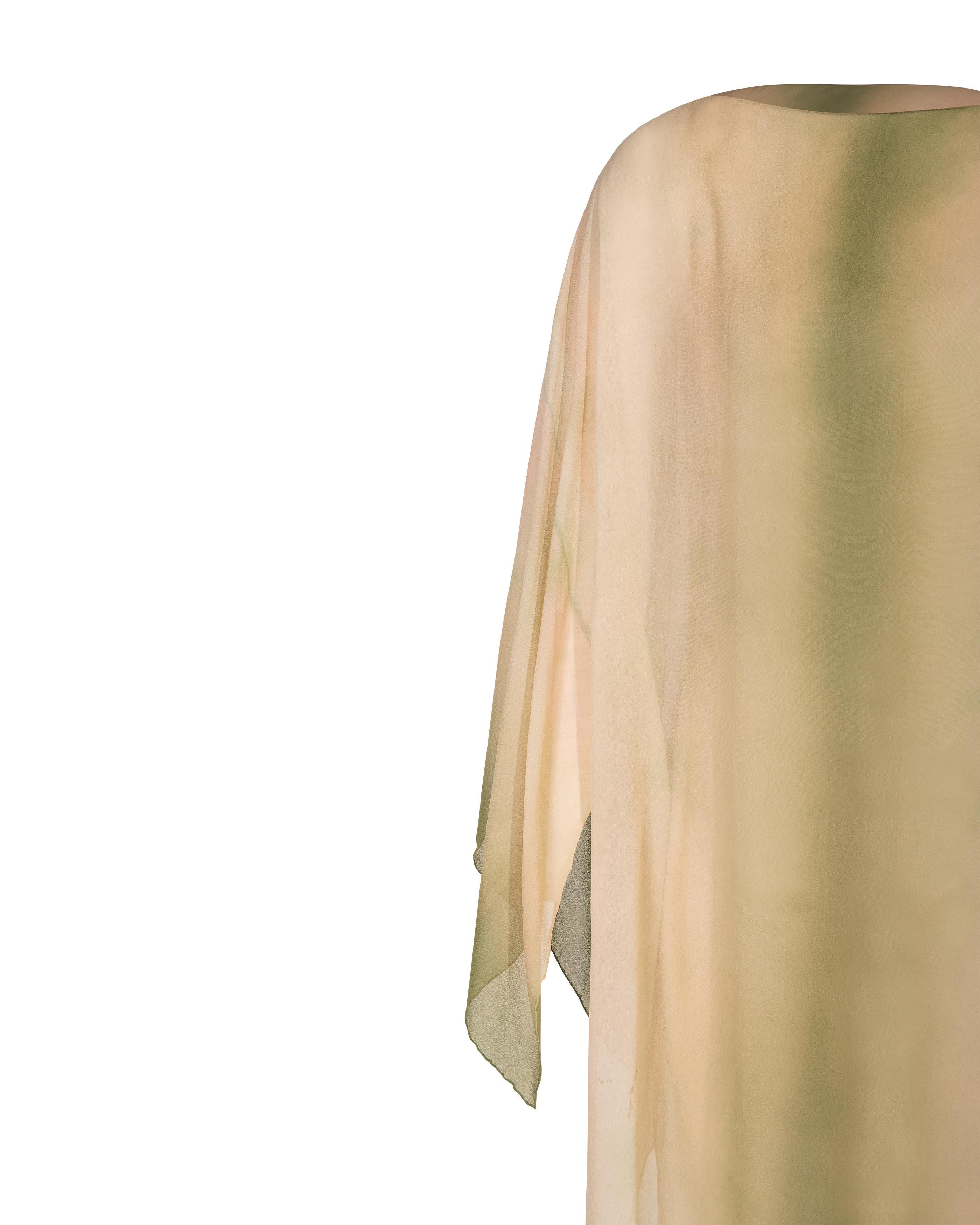 1970's Halston (Attributed) Olive Green and Peach Tie-Dye Caftan 2