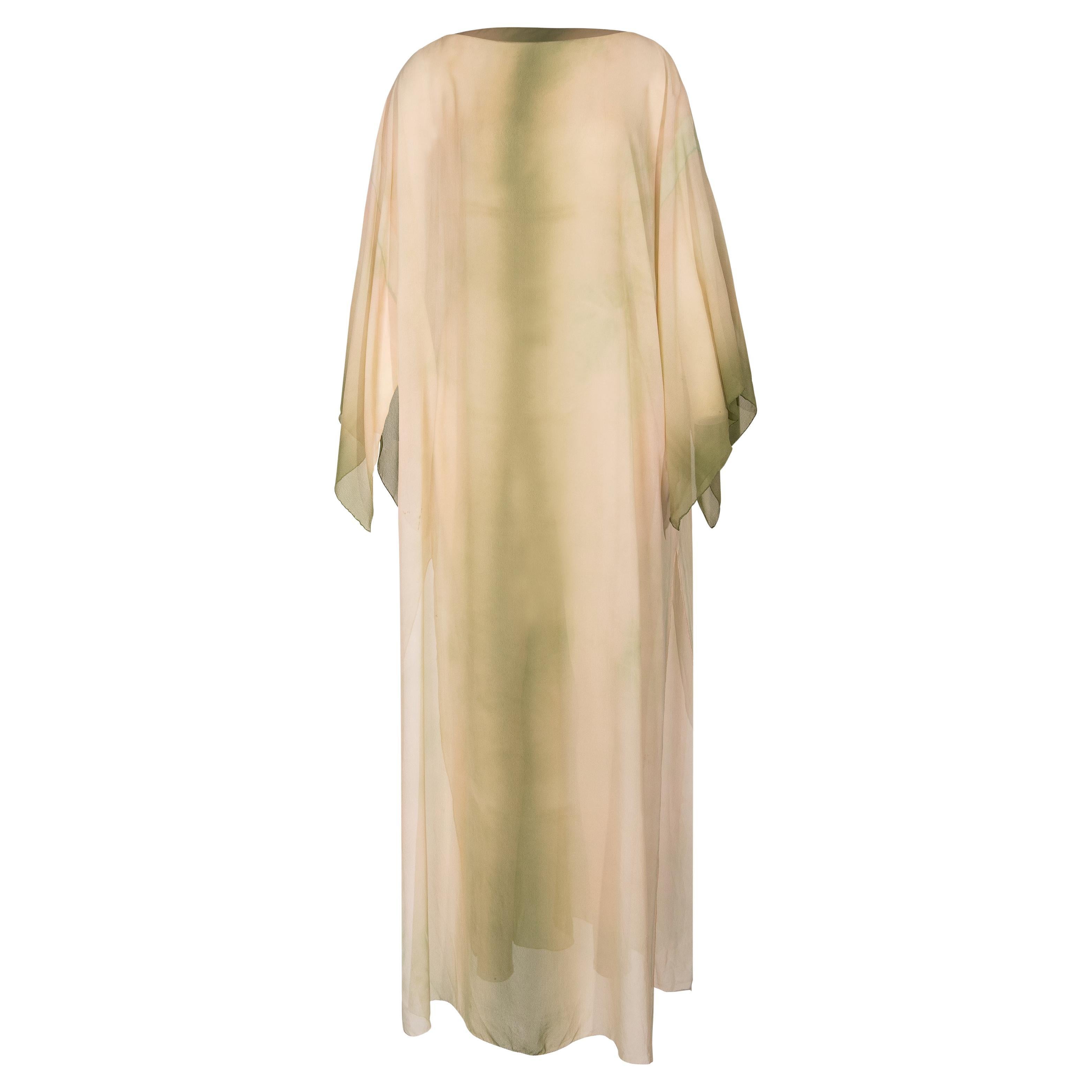1970's Halston (Attributed) Olive Green and Peach Tie-Dye Caftan
