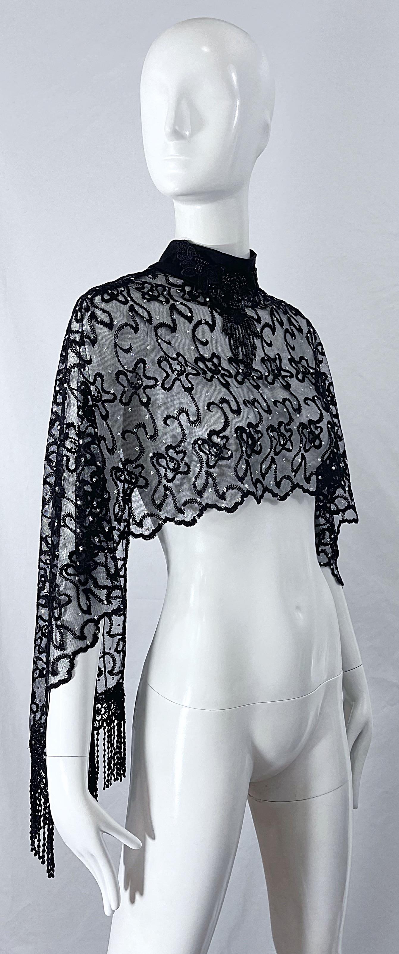 1970s Halston Beaded Glitter Black Sheer Dot Fringed Vintage 70s Poncho Shawl 2