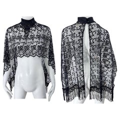 1970s Halston Beaded Glitter Black Sheer Dot Fringed Vintage 70s Poncho Shawl