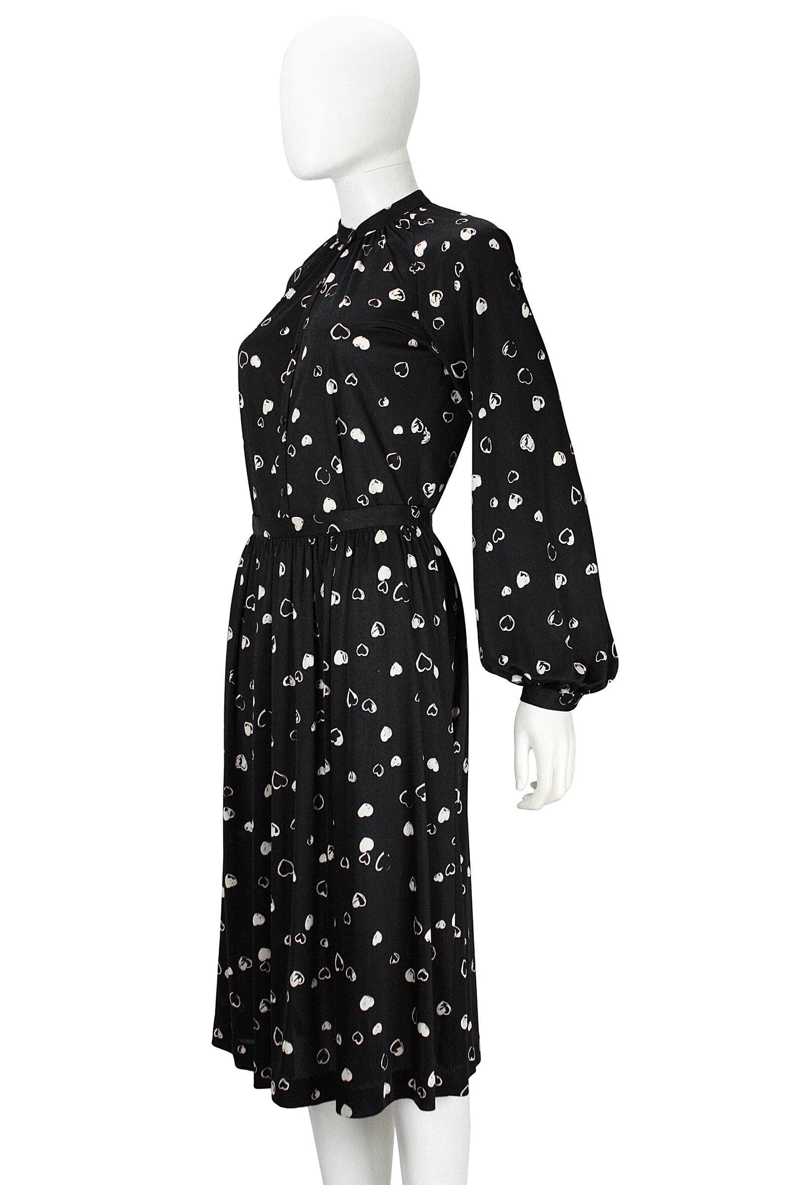 1970s Halston Black and White Heart Print Button-Down Shirt and Skirt In Good Condition For Sale In Los Angeles, CA