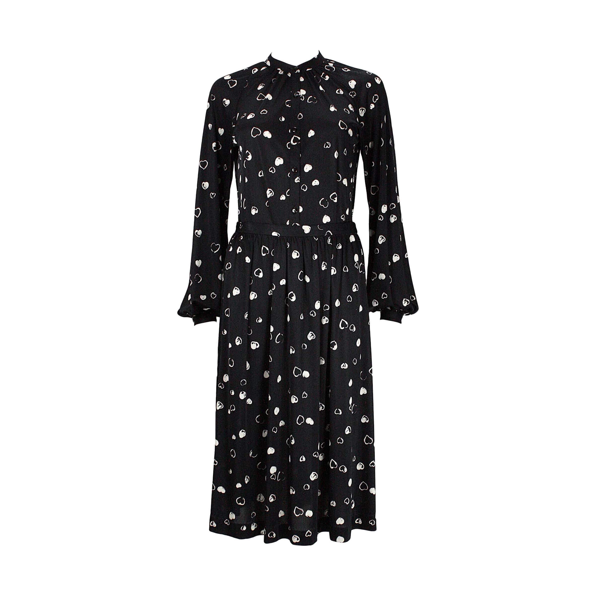 1970s Halston Black and White Heart Print Button-Down Shirt and Skirt For Sale