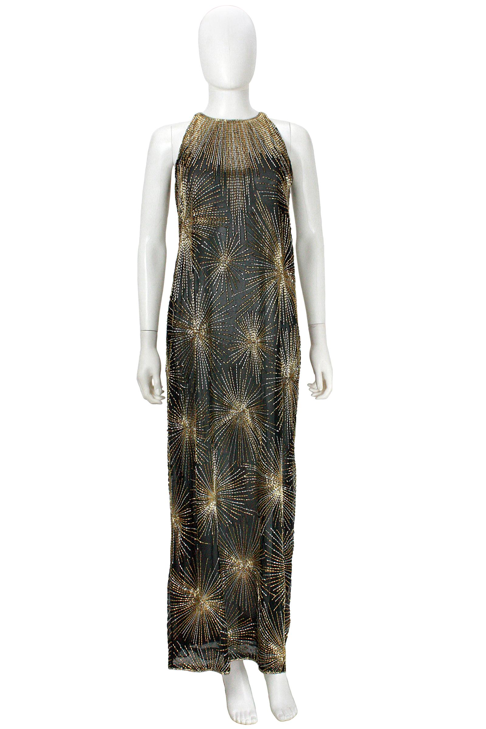 1970s Halston ICONIC 'FIREWORKS' beaded Black & Gold Gown with Jacket  1