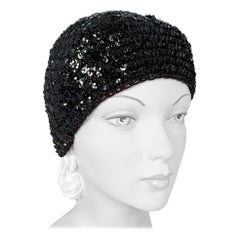 Retro 1970s Halston Black Sequin Knit Skull Cap