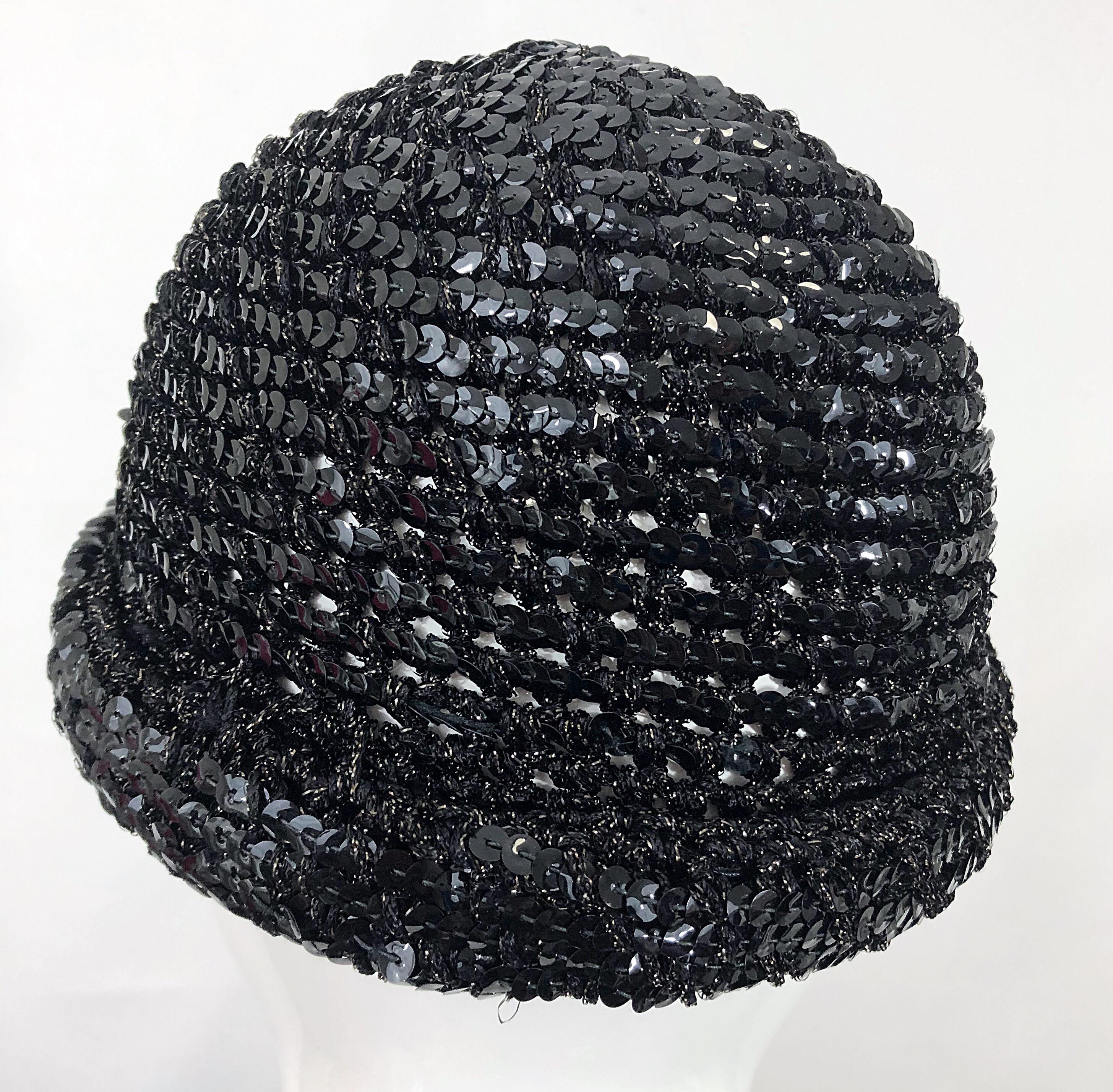 1970s Halston Black Sequin Lurex Knit Vintage 70s Disco Beanie Skull Hat 4