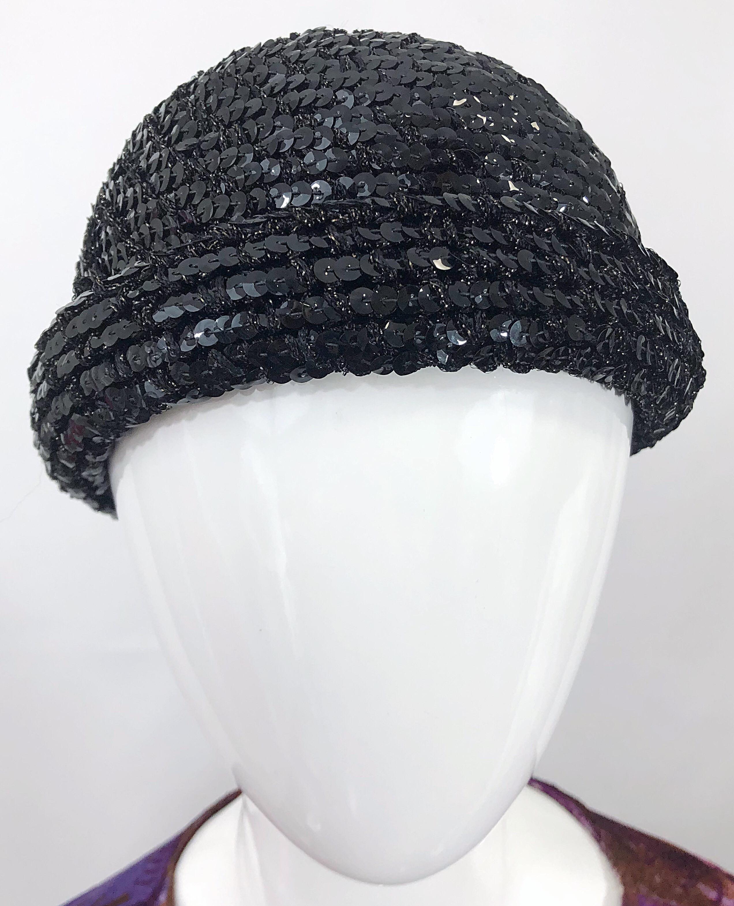 1970s Halston Black Sequin Lurex Knit Vintage 70s Disco Beanie Skull Hat 5