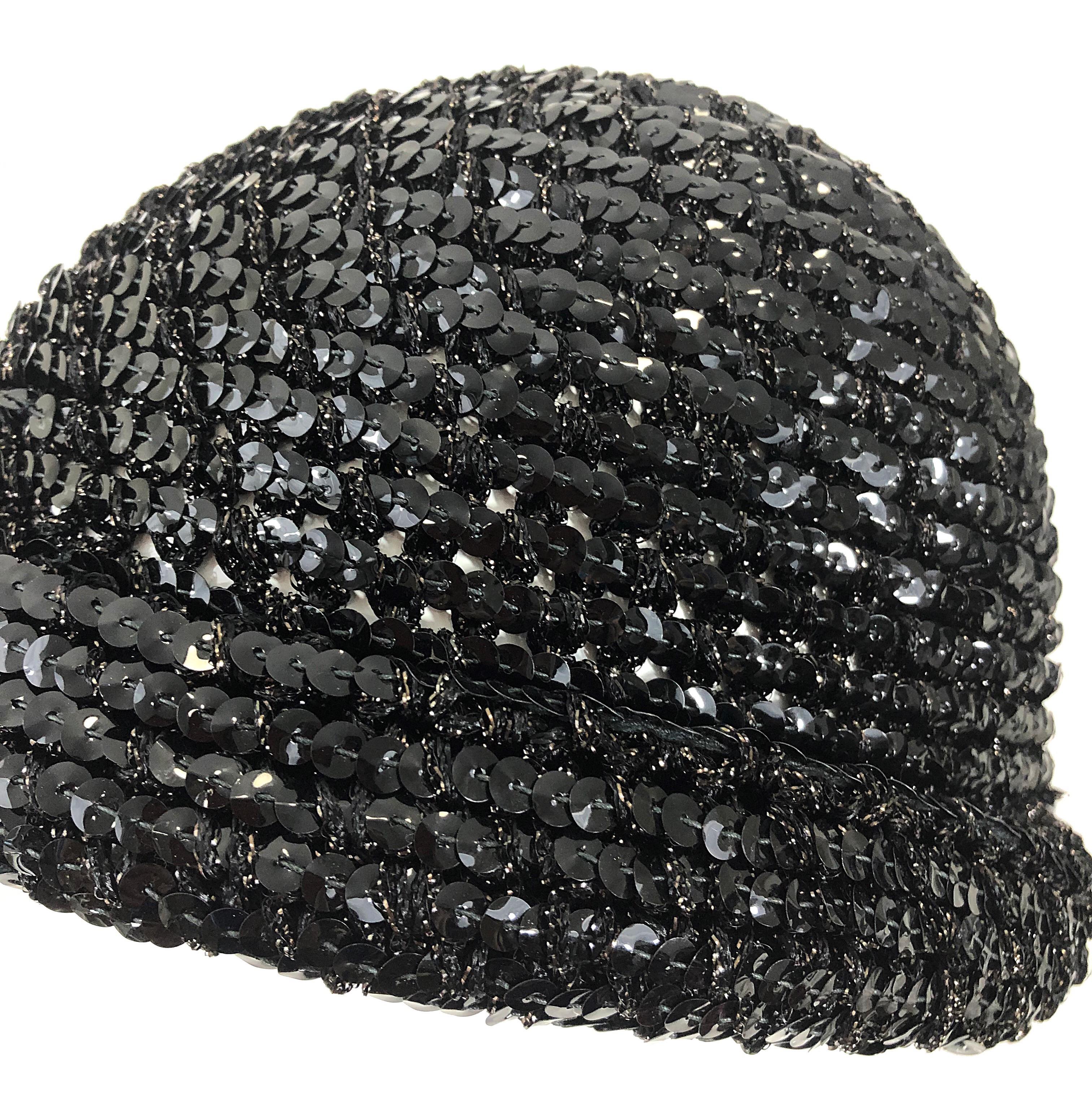 Women's 1970s Halston Black Sequin Lurex Knit Vintage 70s Disco Beanie Skull Hat