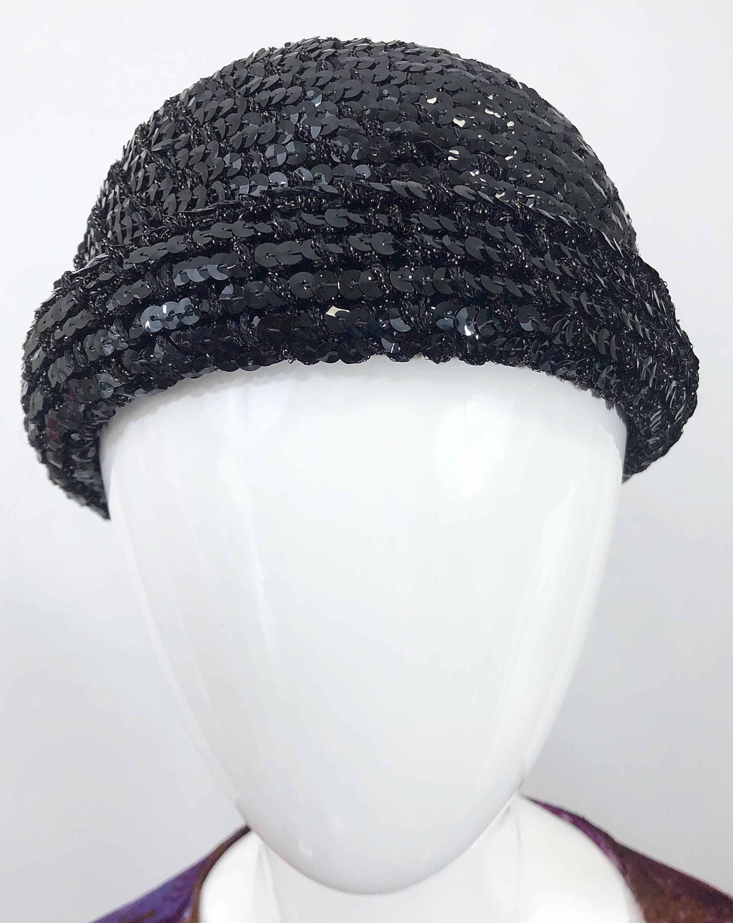 1970s Halston Black Sequin Lurex Knit Vintage 70s Disco Beanie Skull Hat 2