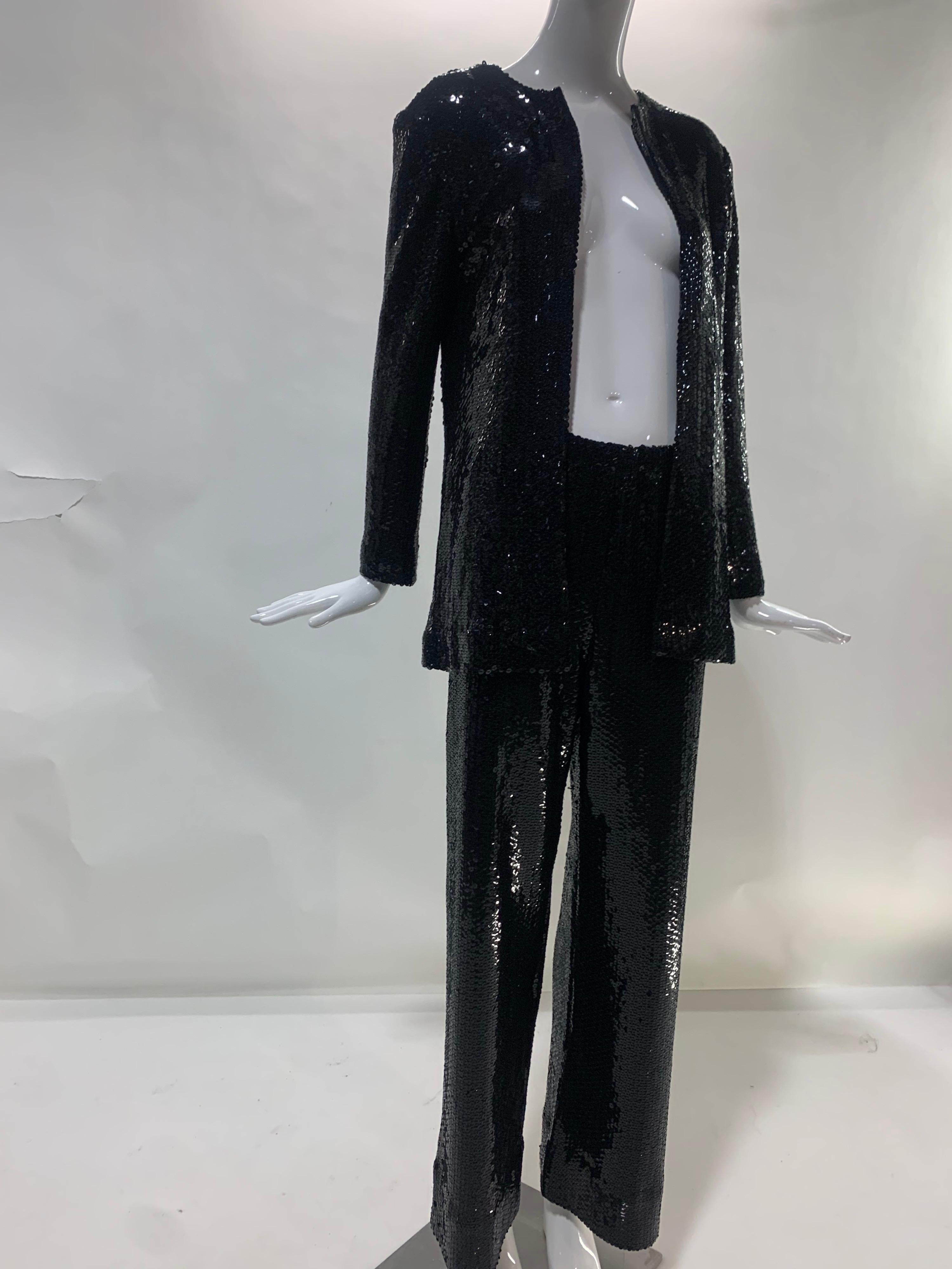 1970s Halston Black Sequin Pant Suit On Matte Jersey 