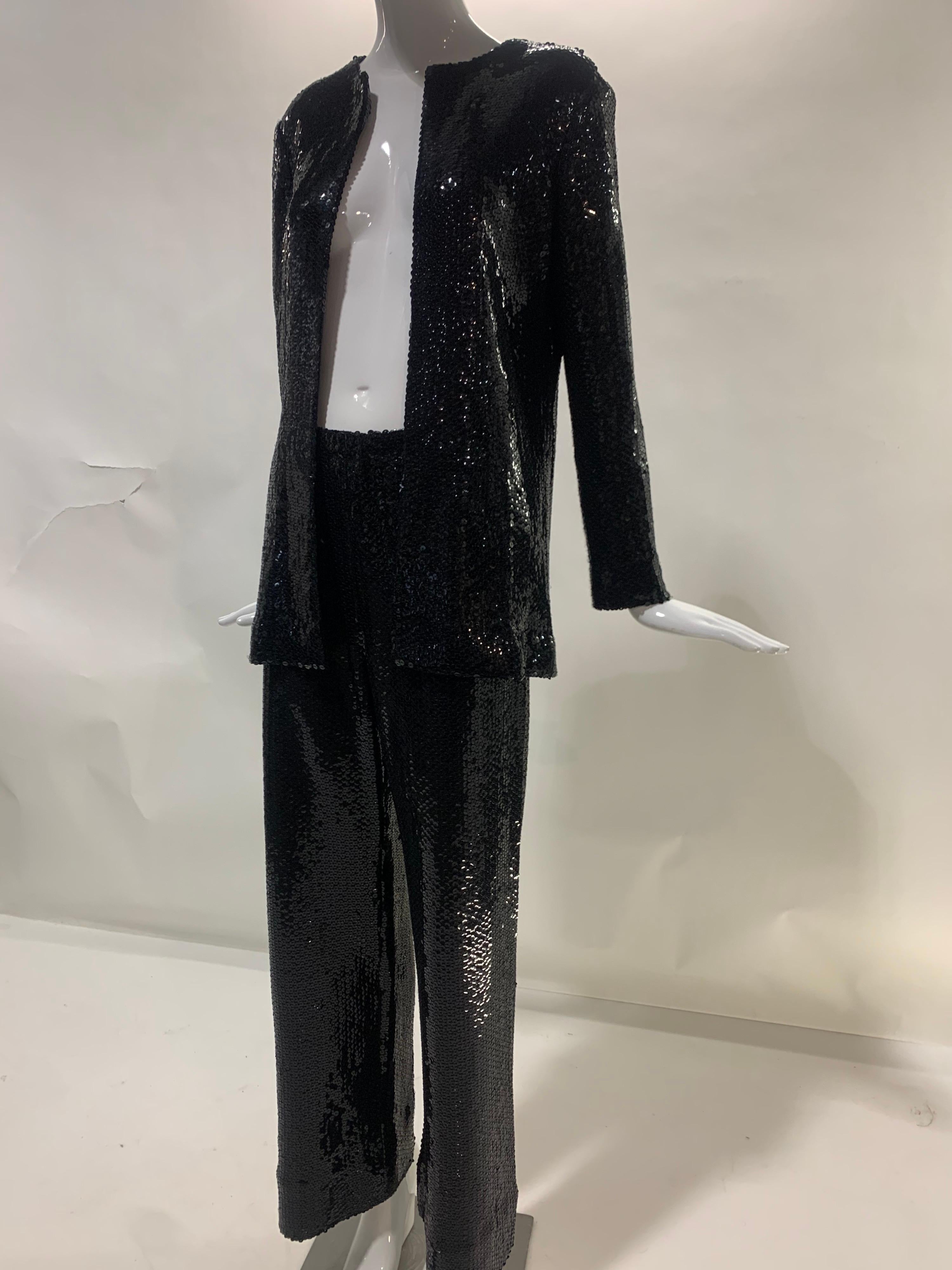 1970s Halston Black Sequin Pantalon Suit on Matte Jersey 