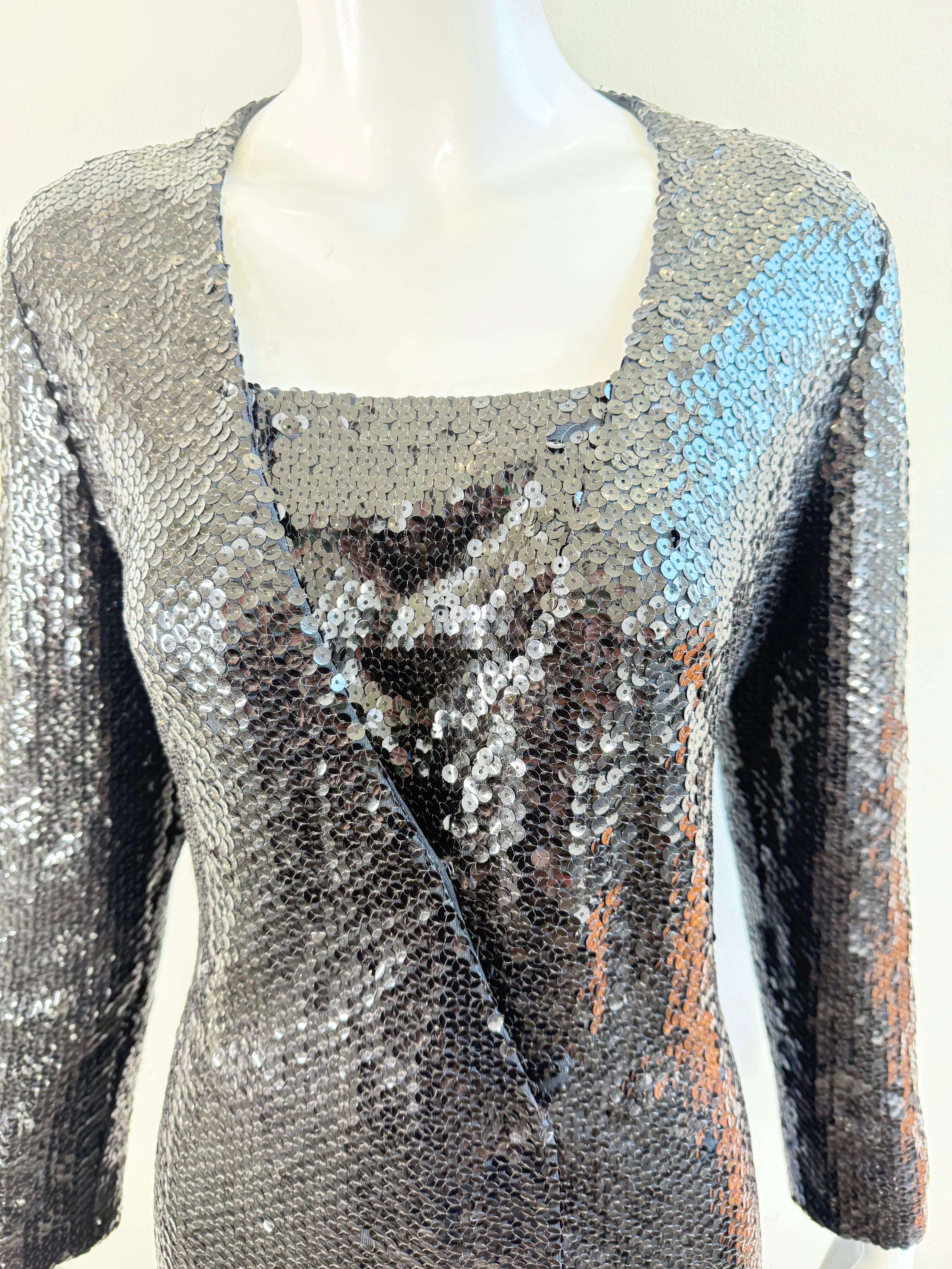 1970s Halston Black Sequin Wrap Dress Vintage Studio 54 Disco Evening Red Carpet For Sale 6