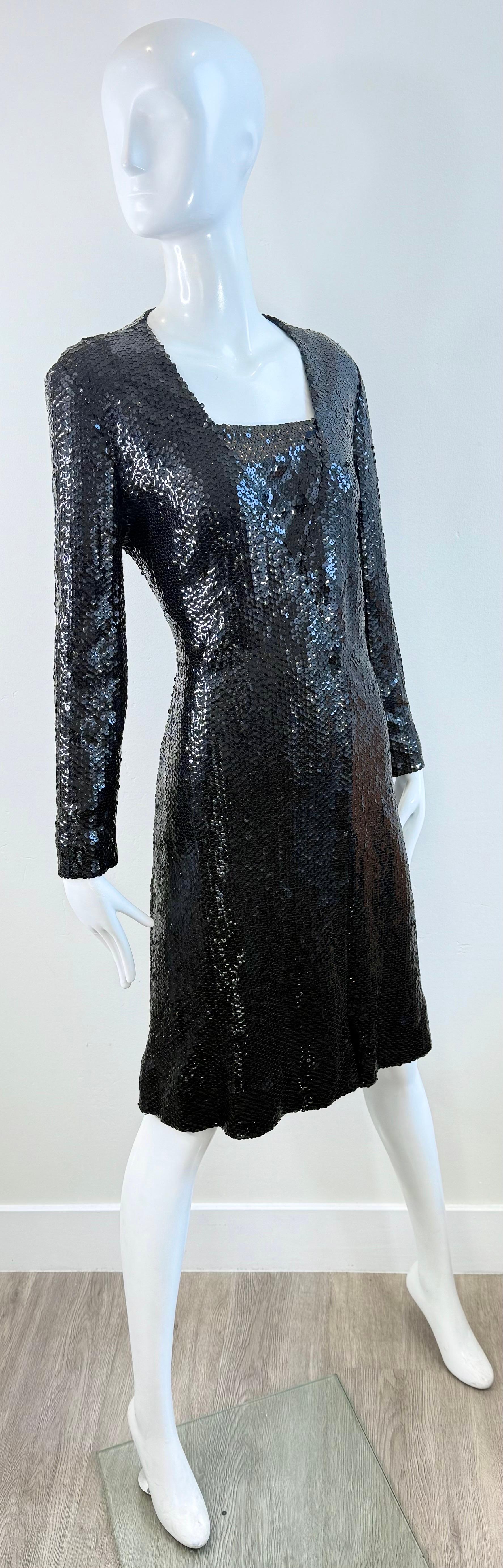 1970s Halston Black Sequin Wrap Dress Vintage Studio 54 Disco Evening Red Carpet For Sale 11